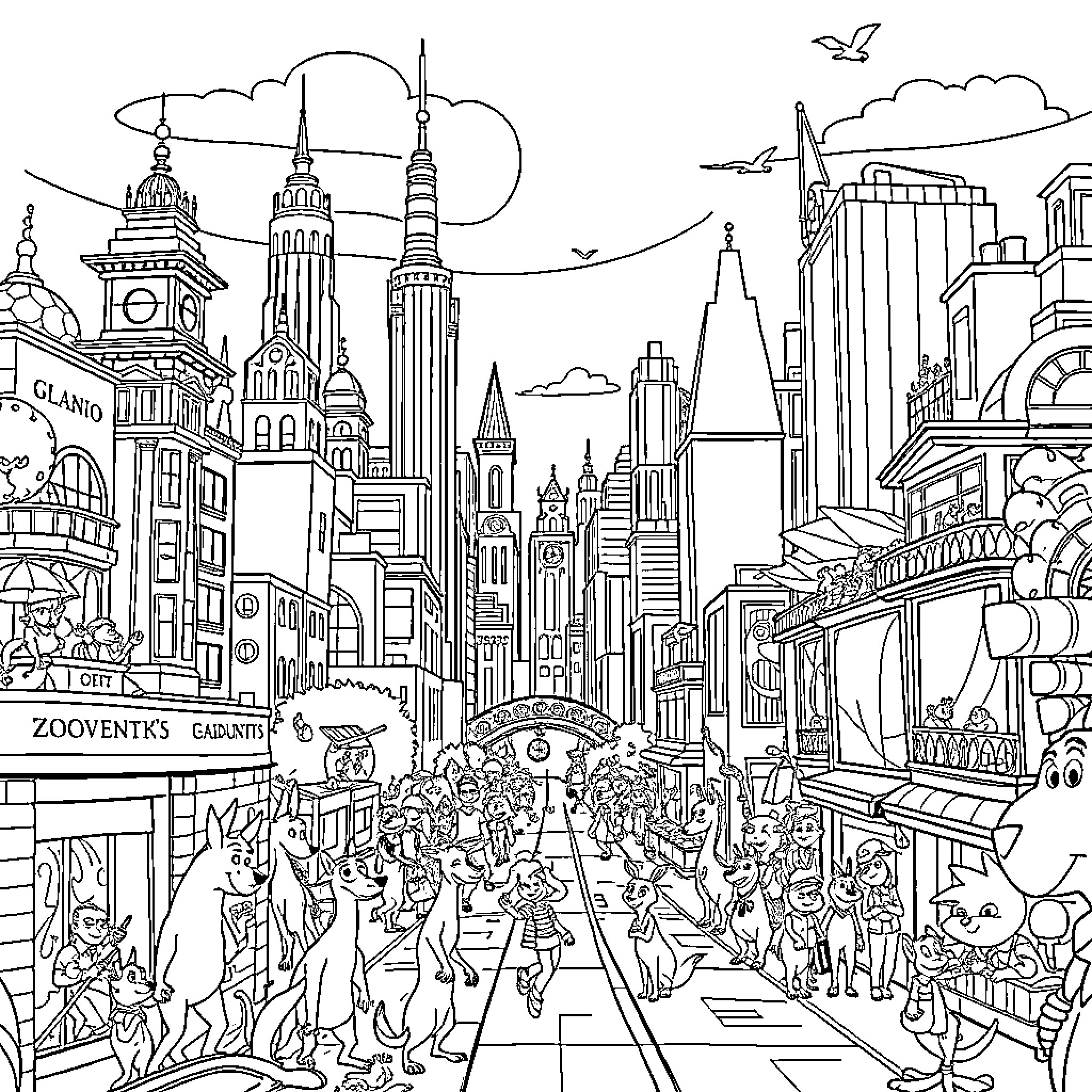 Zootopia: Bustling City Scene with Diverse Characters and Landmarks Coloring Page (free black-and-white line drawing printable PDF for all, from beginners to advanced learners, including children, teens, adults, and seniors)