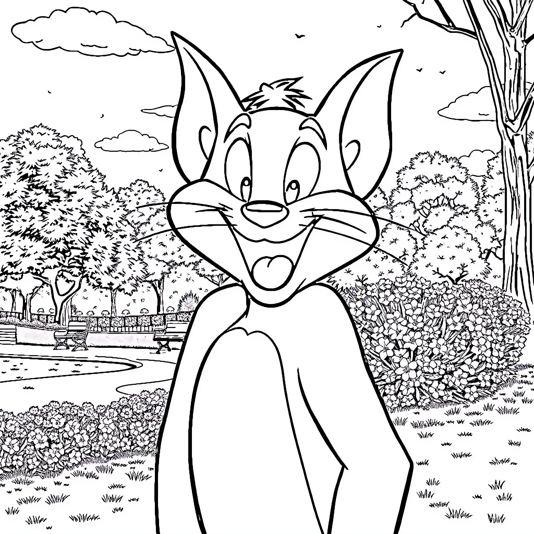 Jerry's Playful Adventure in the Garden Coloring Page (free black-and-white line drawing printable PDF for all, from beginners to advanced learners, including children, teens, adults, and seniors)