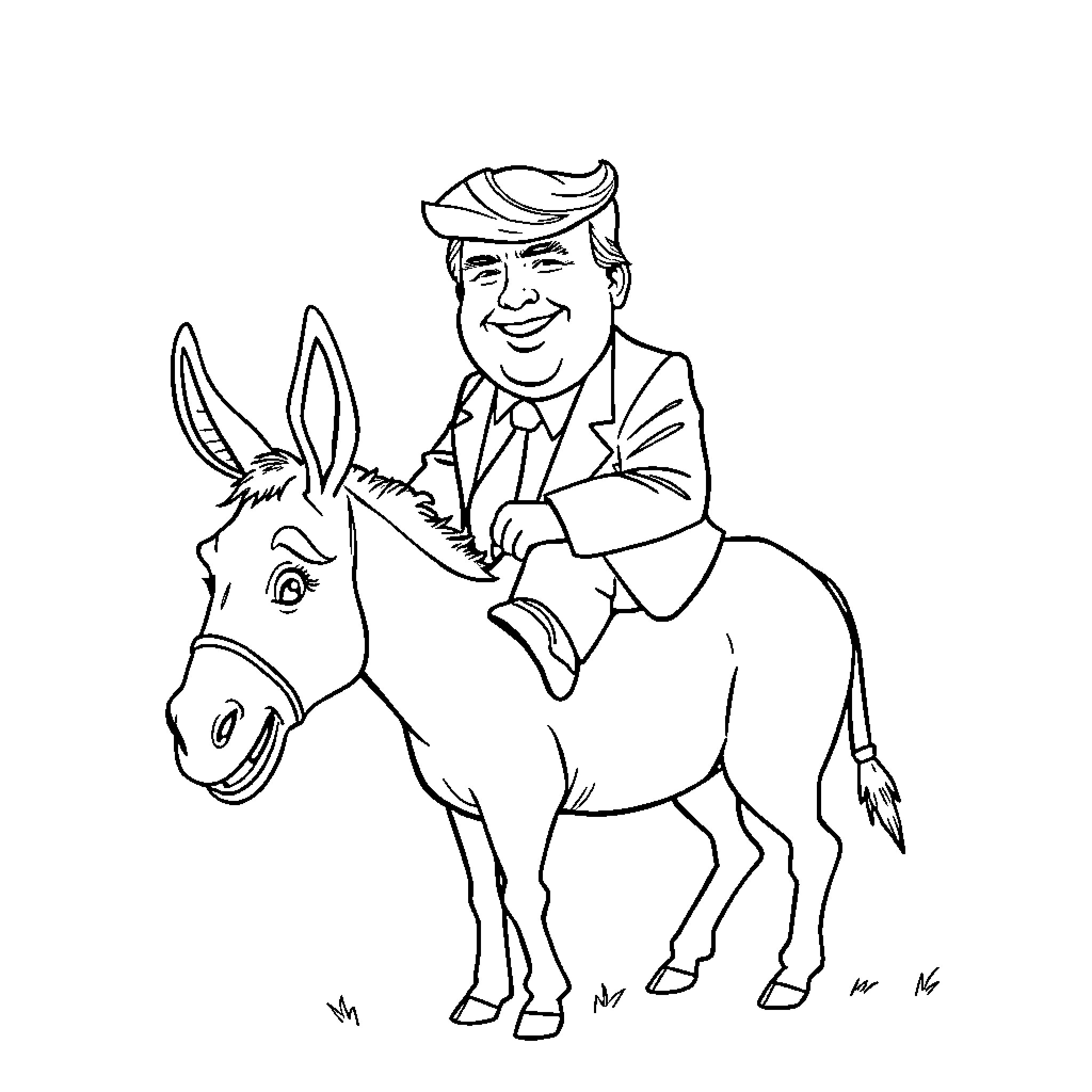 Trump Riding a Donkey in Suited Outfit Coloring Page (free black-and-white line drawing printable PDF for all, from beginners to advanced learners, including children, teens, adults, and seniors)
