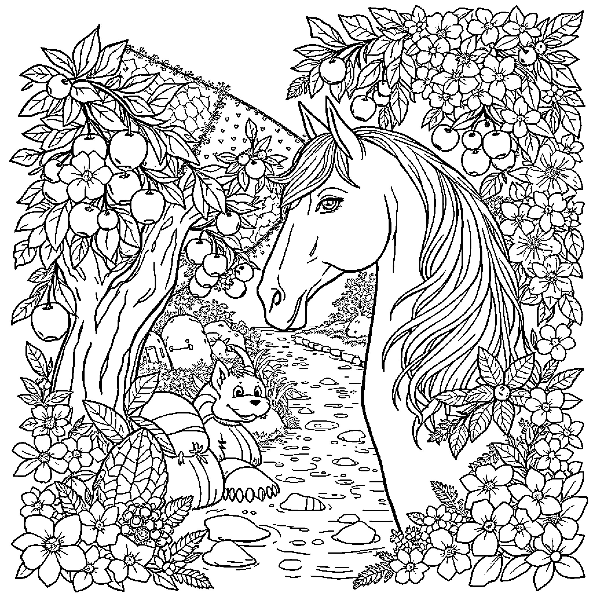 Unicorn surrounded by lush floral landscape Coloring Page (free black-and-white line drawing printable PDF for all, from beginners to advanced learners, including children, teens, adults, and seniors)