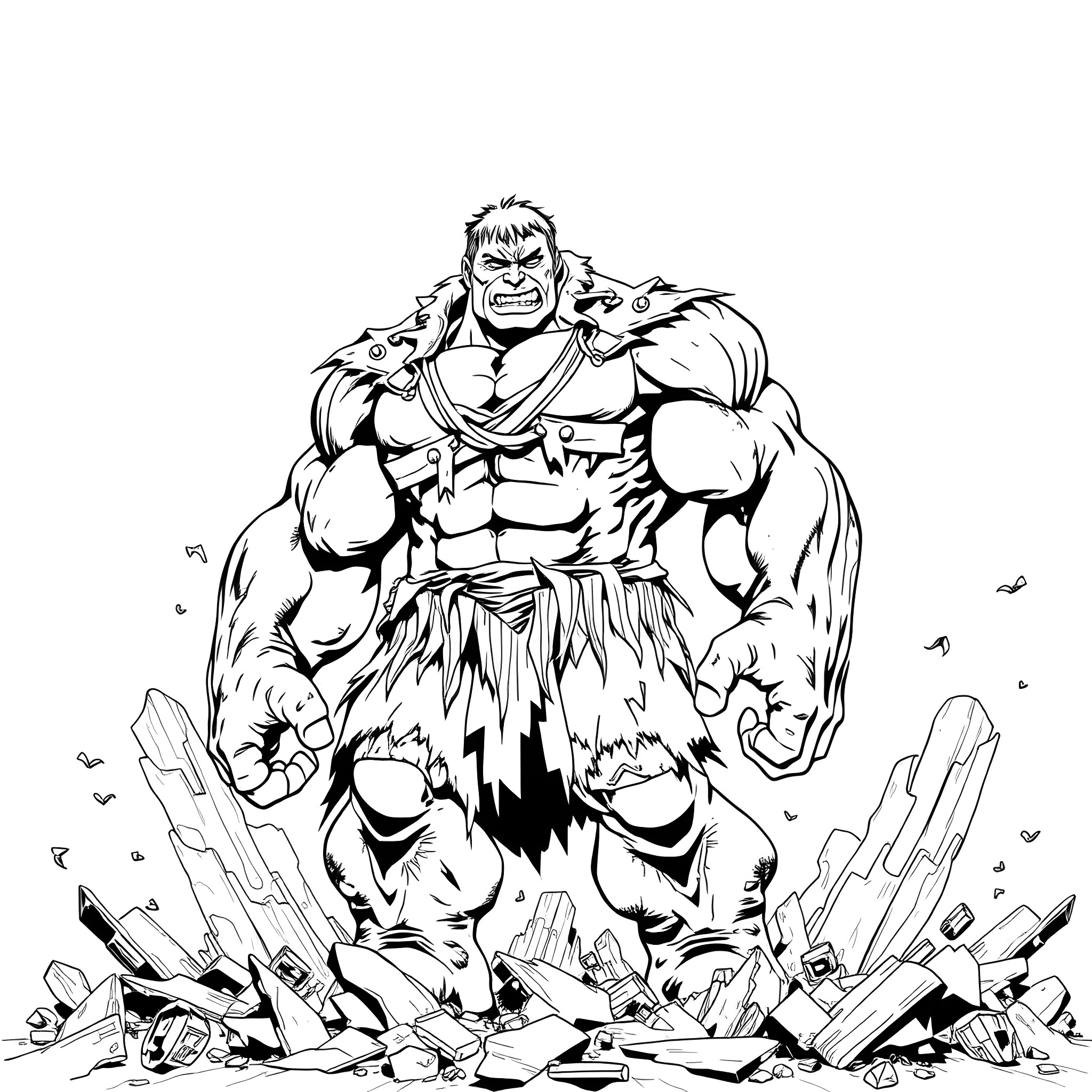 Skulk of a powerful, muscular warrior among shattered debris Coloring Page (free black-and-white line drawing printable PDF for all, from beginners to advanced learners, including children, teens, adults, and seniors)