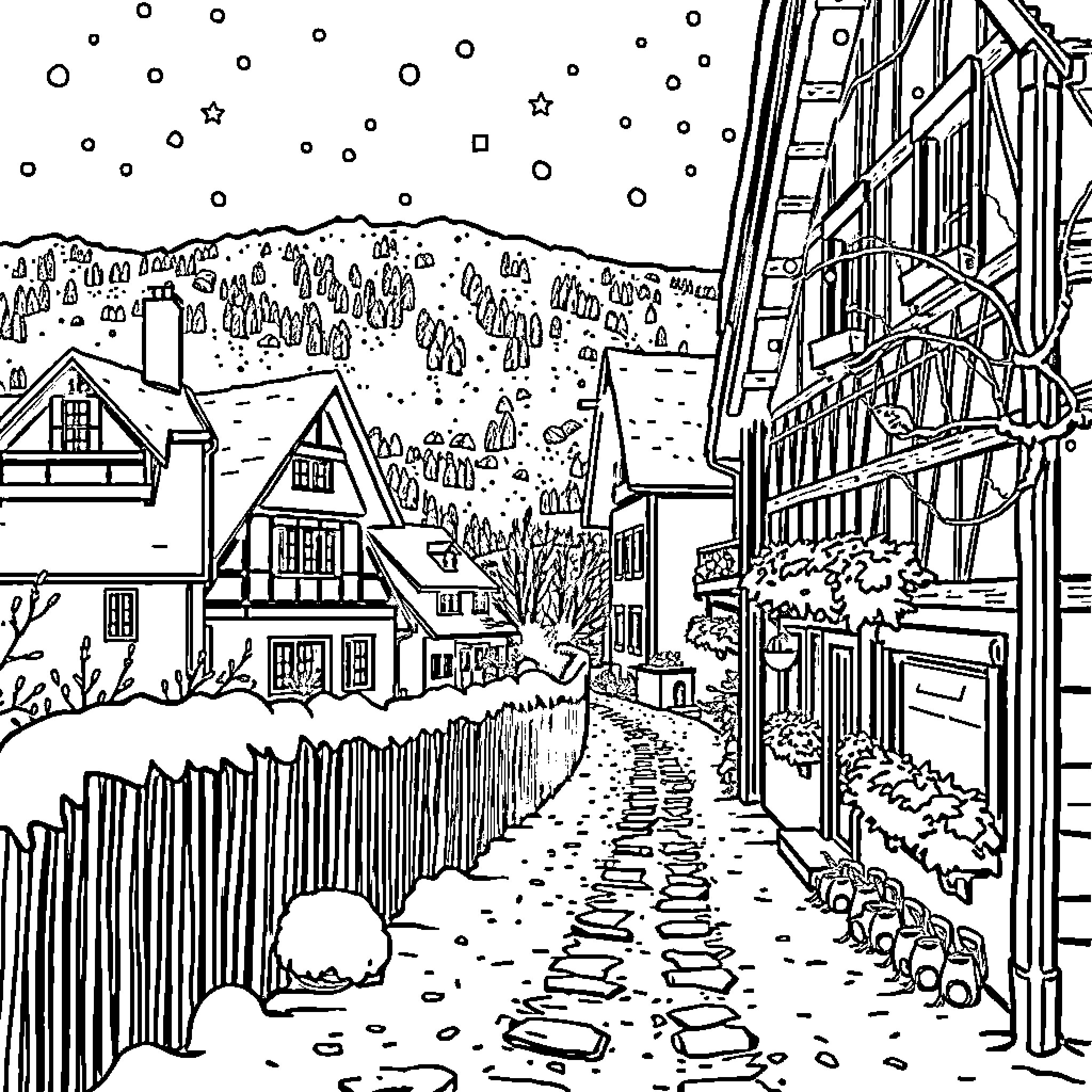 Queen's Winter Wonderland Village Scene Coloring Page (free black-and-white line drawing printable PDF for all, from beginners to advanced learners, including children, teens, adults, and seniors)