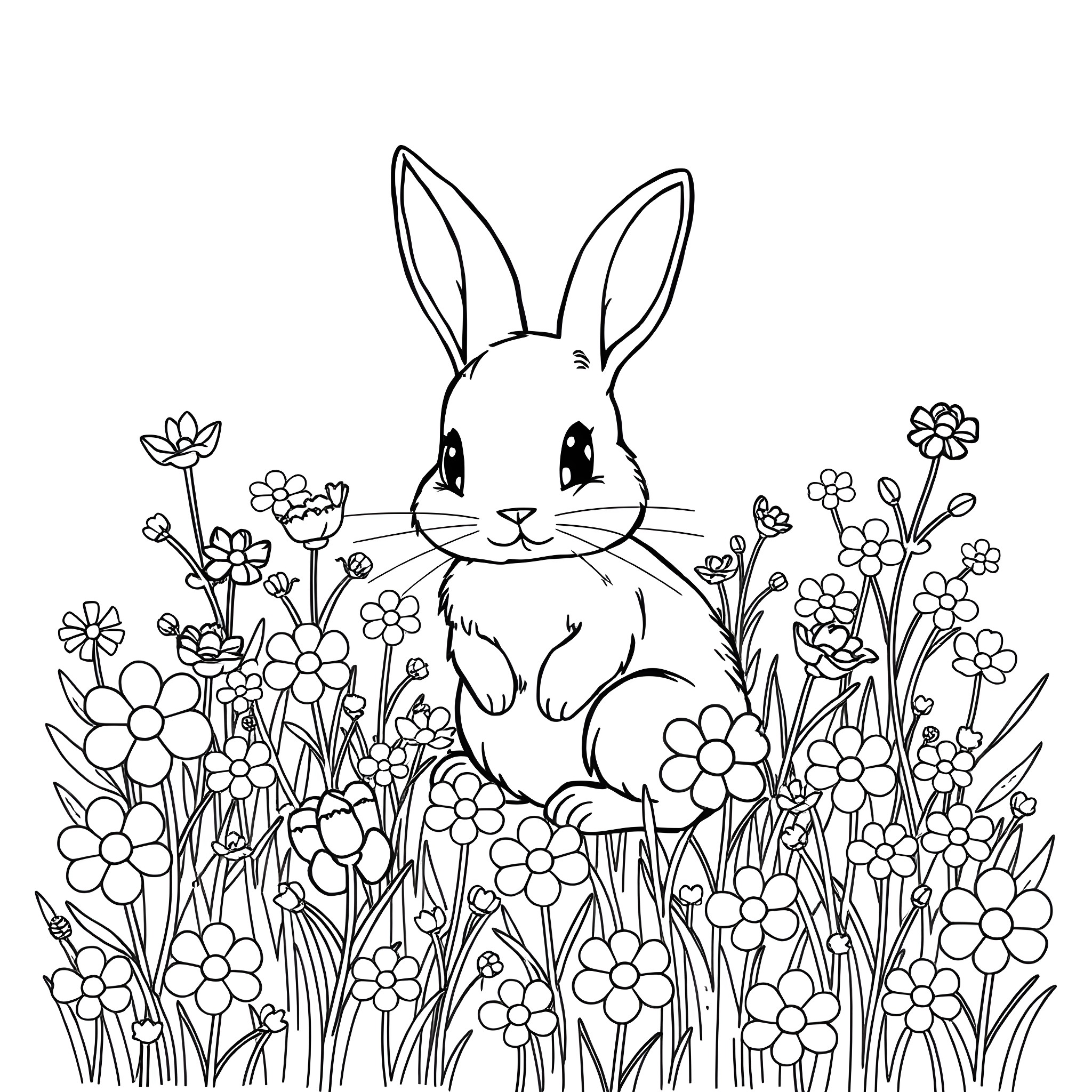 Bunny in a flower meadow Coloring Page (free black-and-white line drawing printable PDF for all, from beginners to advanced learners, including children, teens, adults, and seniors)
