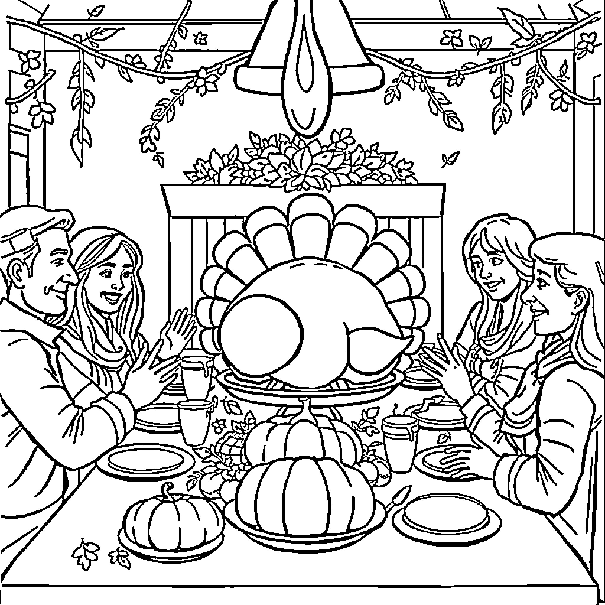 Thanksgiving family gathering around dining table Coloring Page (free black-and-white line drawing printable PDF for all, from beginners to advanced learners, including children, teens, adults, and seniors)