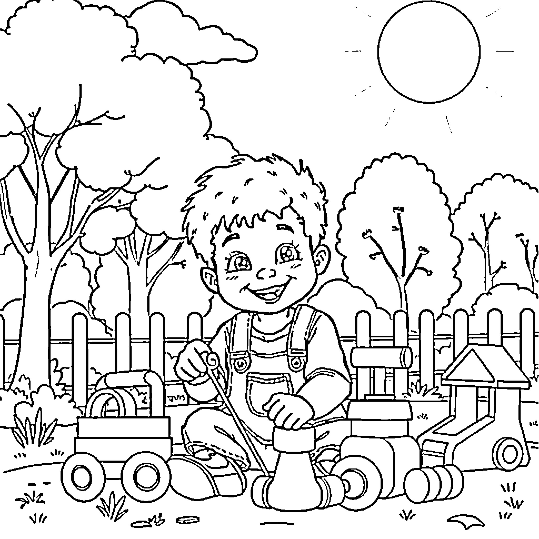 Child playing happily with toy trucks in the backyard Coloring Page (free black-and-white line drawing printable PDF for all, from beginners to advanced learners, including children, teens, adults, and seniors)