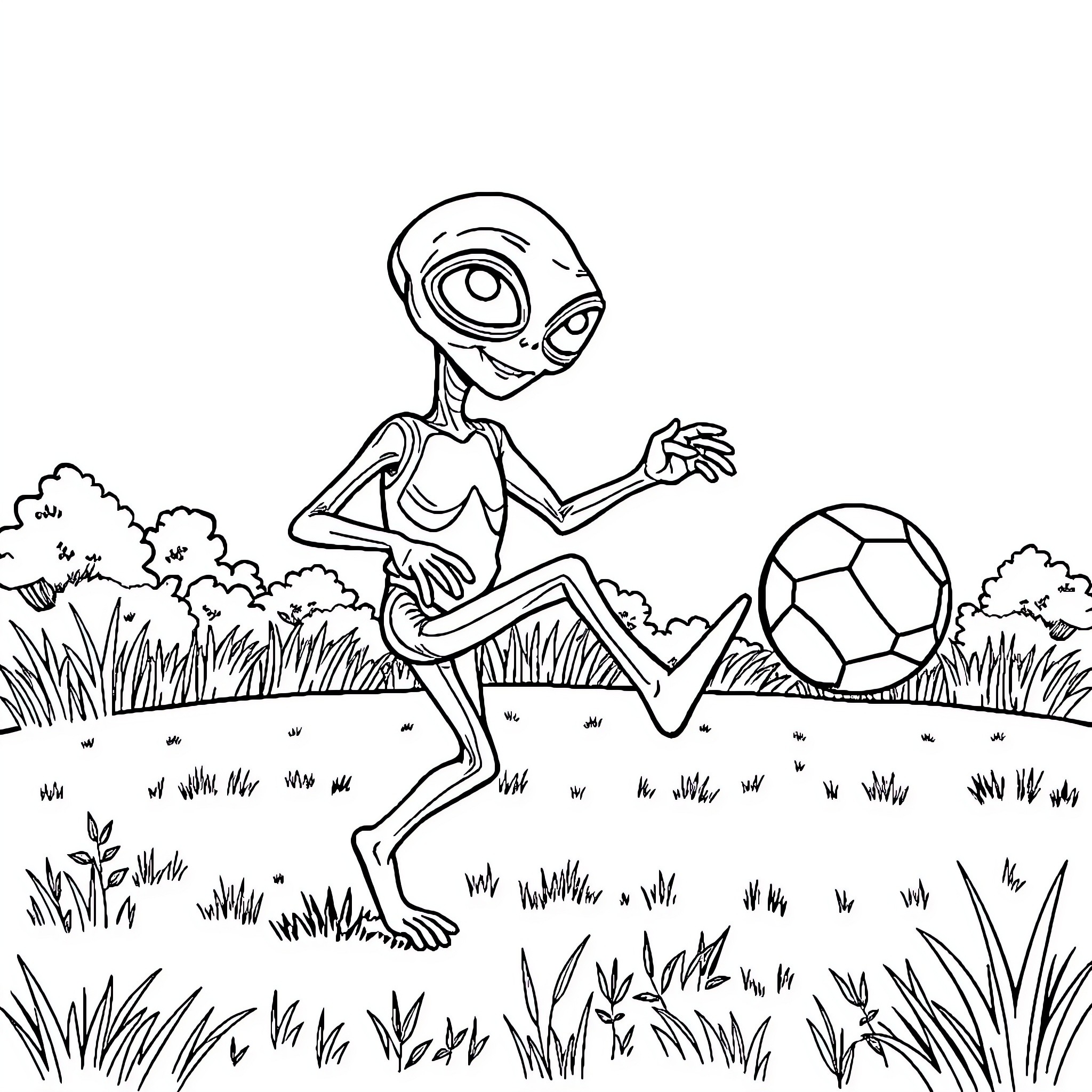ET Playing Soccer in the Countryside Coloring Page (free black-and-white line drawing printable PDF for all, from beginners to advanced learners, including children, teens, adults, and seniors)