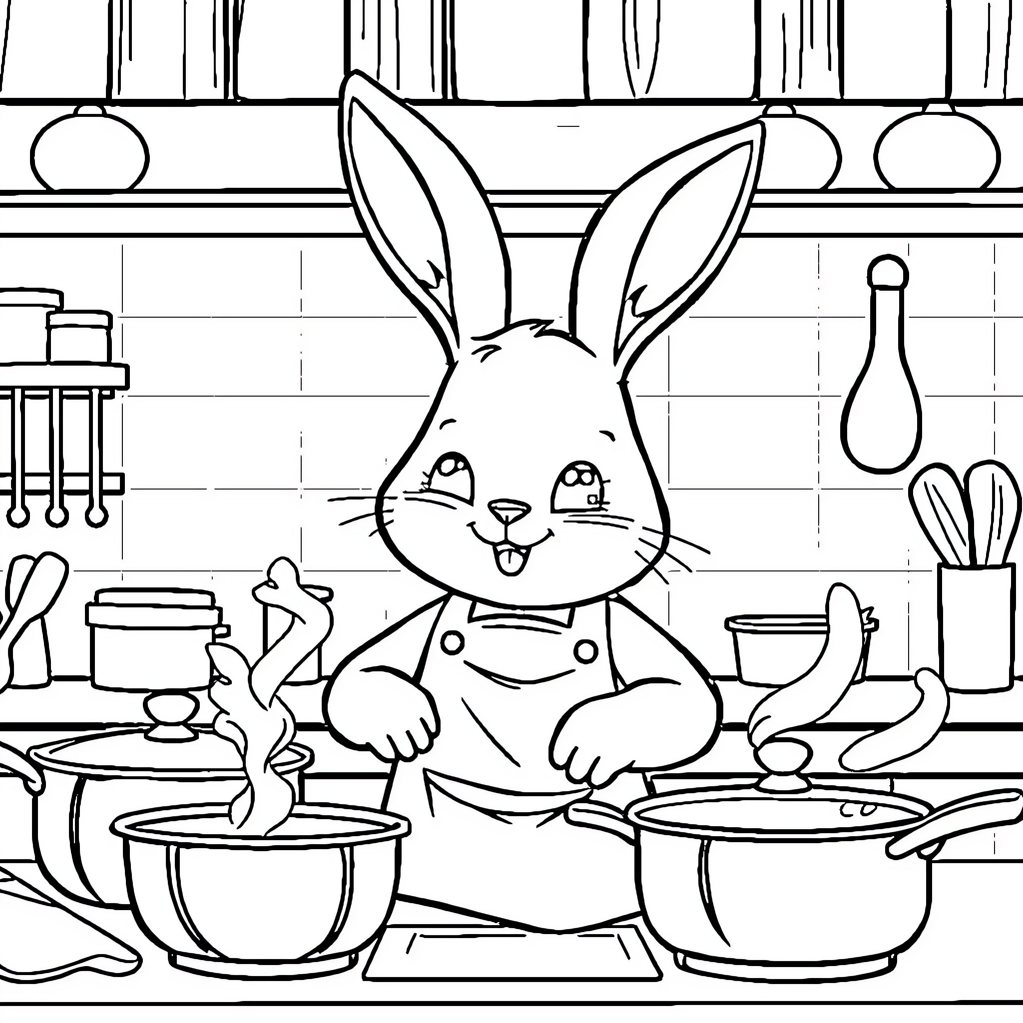 Bunny cooking in a kitchen Coloring Page (free black-and-white line drawing printable PDF for all, from beginners to advanced learners, including children, teens, adults, and seniors)