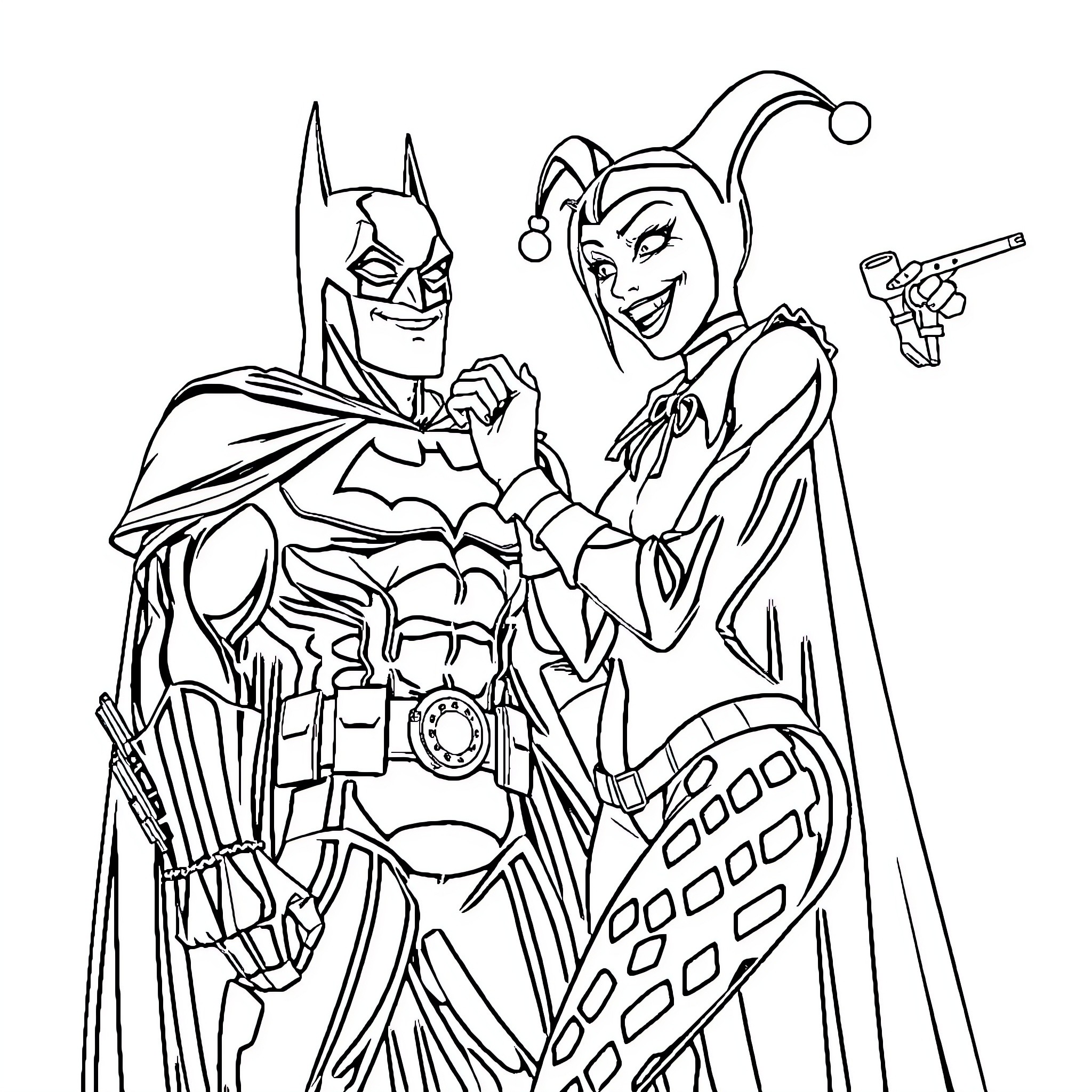 Harley Quinn and Batman in Playful Standoff Coloring Page (free black-and-white line drawing printable PDF for all, from beginners to advanced learners, including children, teens, adults, and seniors)