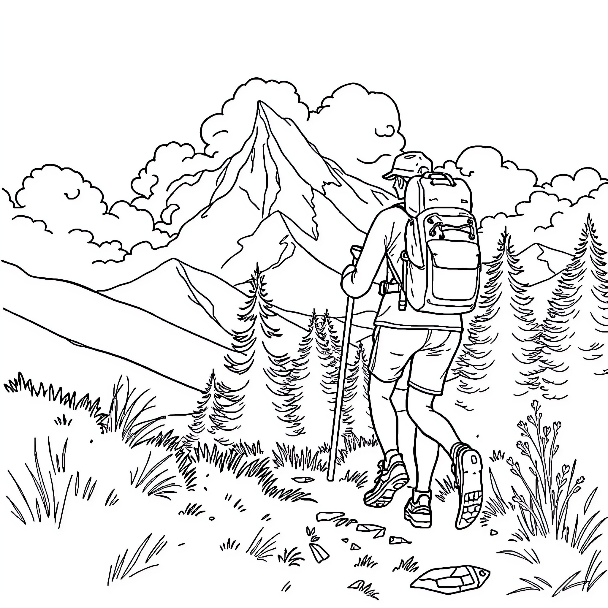Hiker exploring the scenic mountain trail Coloring Page (free black-and-white line drawing printable PDF for all, from beginners to advanced learners, including children, teens, adults, and seniors)