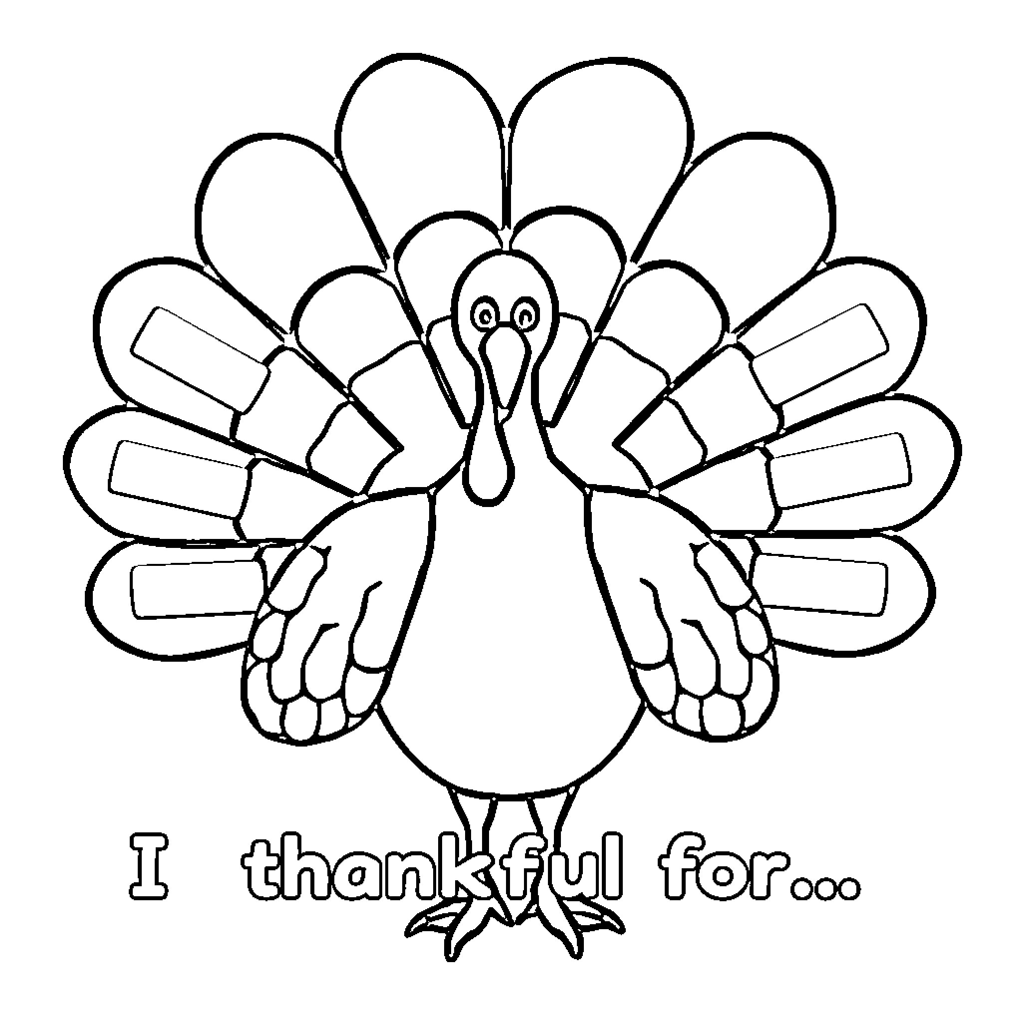 Turkey expressing gratitude and thankfulness Coloring Page (free black-and-white line drawing printable PDF for all, from beginners to advanced learners, including children, teens, adults, and seniors)