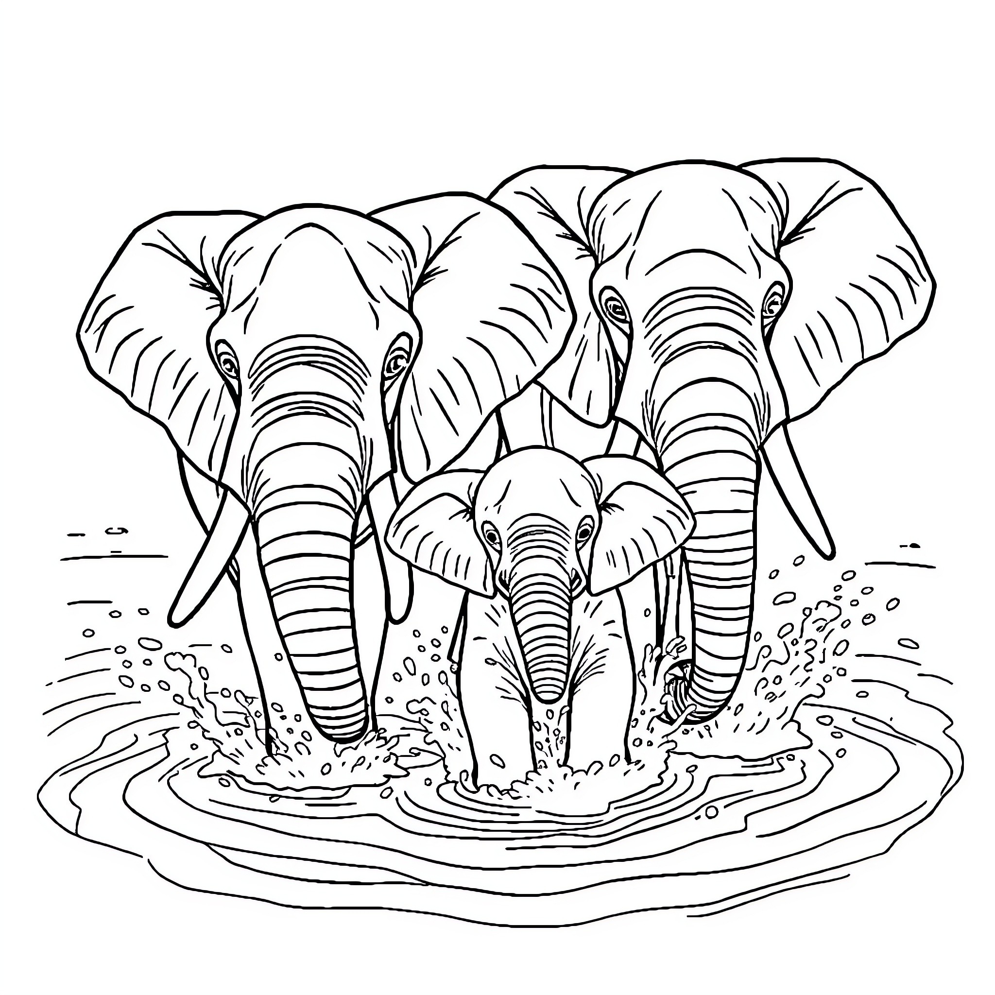 Elephant Family Wading in Watering Hole Coloring Page (free black-and-white line drawing printable PDF for all, from beginners to advanced learners, including children, teens, adults, and seniors)