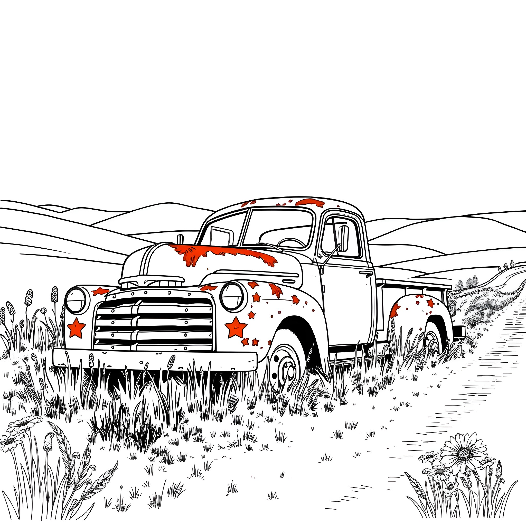 Truck with stars on the countryside Coloring Page (free black-and-white line drawing printable PDF for all, from beginners to advanced learners, including children, teens, adults, and seniors)