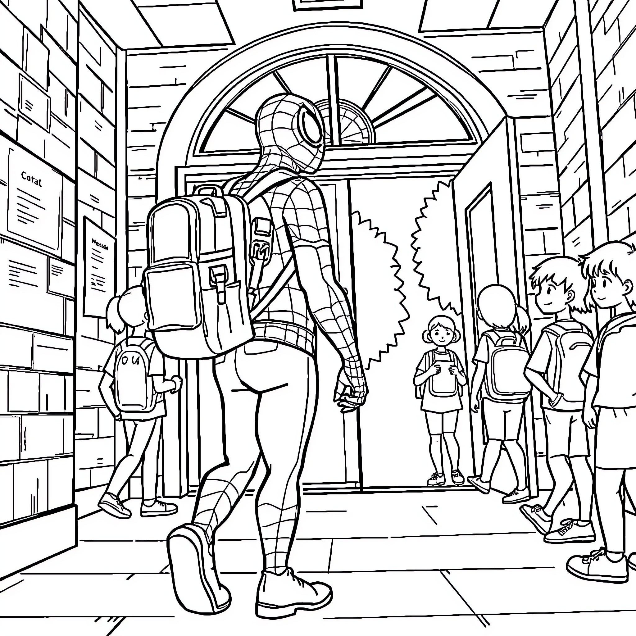 Spiderman Enters School Hallway with Students Coloring Page (free black-and-white line drawing printable PDF for all, from beginners to advanced learners, including children, teens, adults, and seniors)
