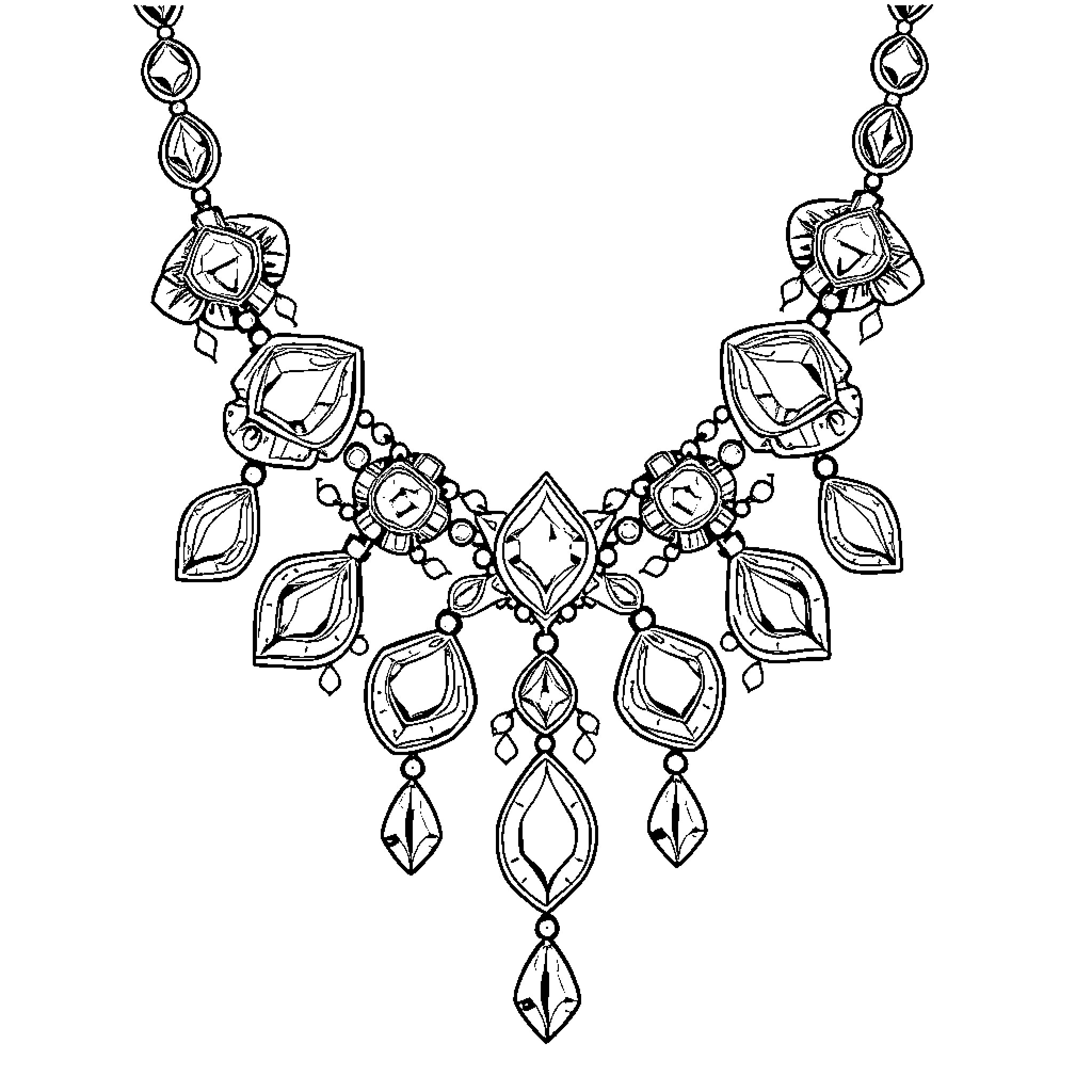 Necklace with intricate gemstone and metal designs Coloring Page (free black-and-white line drawing printable PDF for all, from beginners to advanced learners, including children, teens, adults, and seniors)