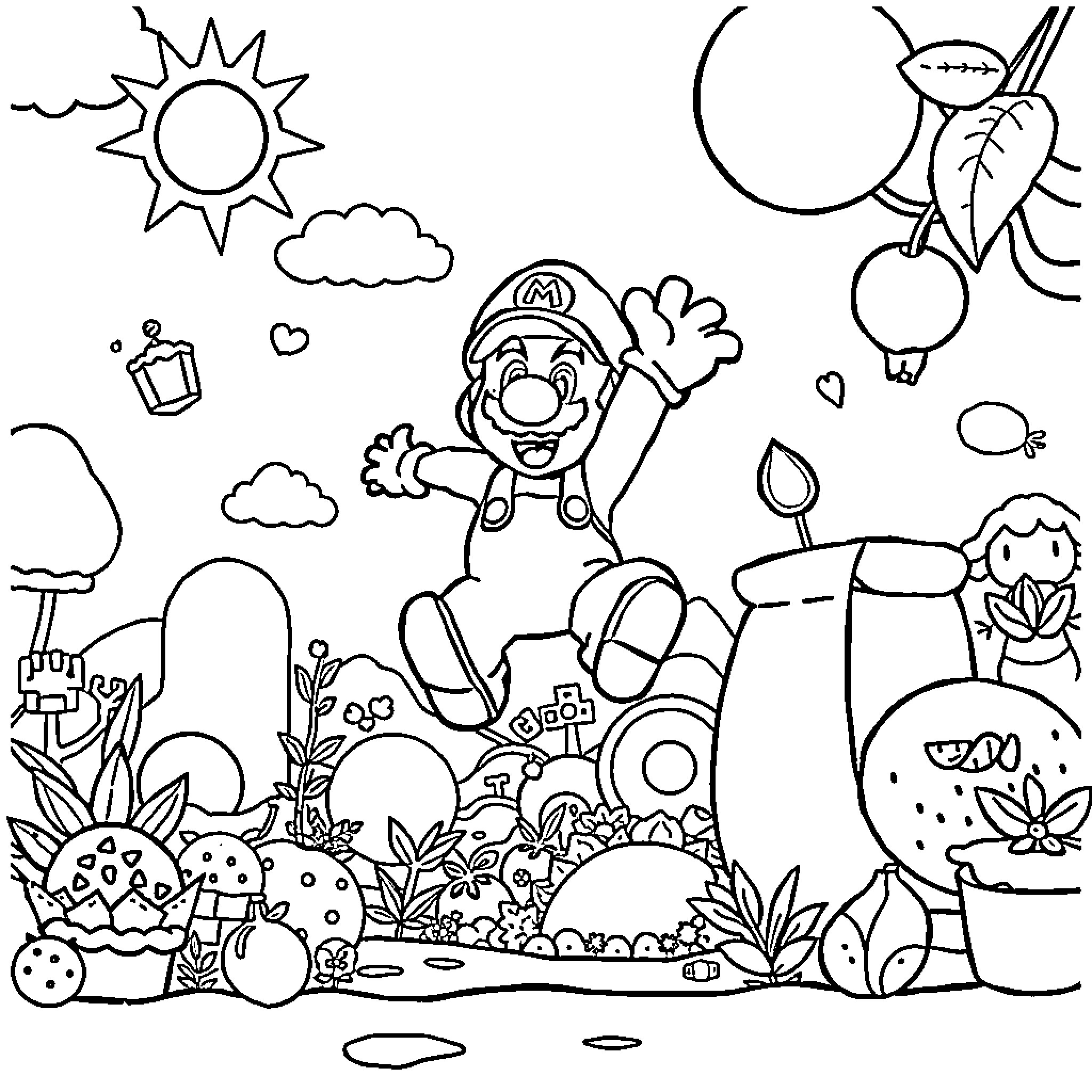 Super Mario's Outdoor Adventure Coloring Page (free black-and-white line drawing printable PDF for all, from beginners to advanced learners, including children, teens, adults, and seniors)