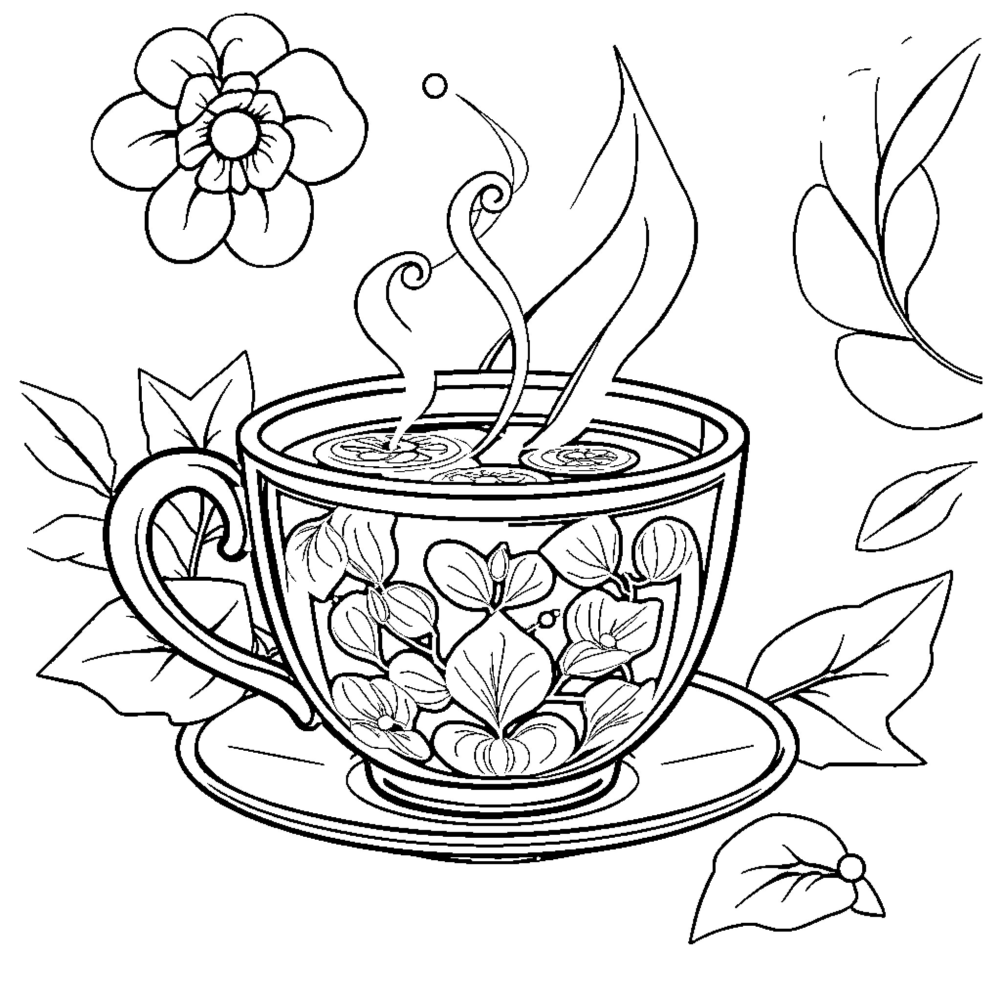 Tea time with floral designs Coloring Page (free black-and-white line drawing printable PDF for all, from beginners to advanced learners, including children, teens, adults, and seniors)