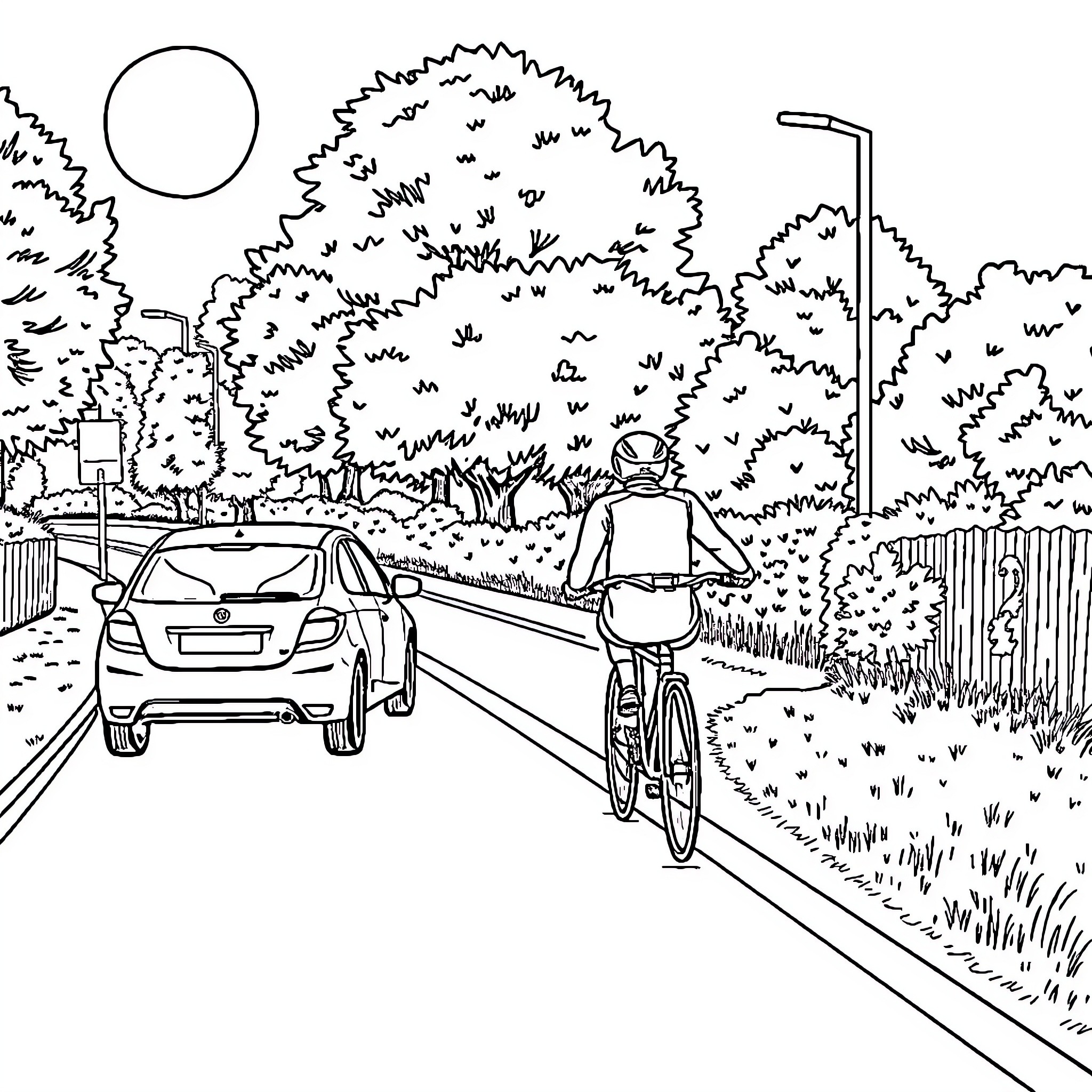 Auto Scenery with Vehicle and Cyclist Coloring Page (free black-and-white line drawing printable PDF for all, from beginners to advanced learners, including children, teens, adults, and seniors)