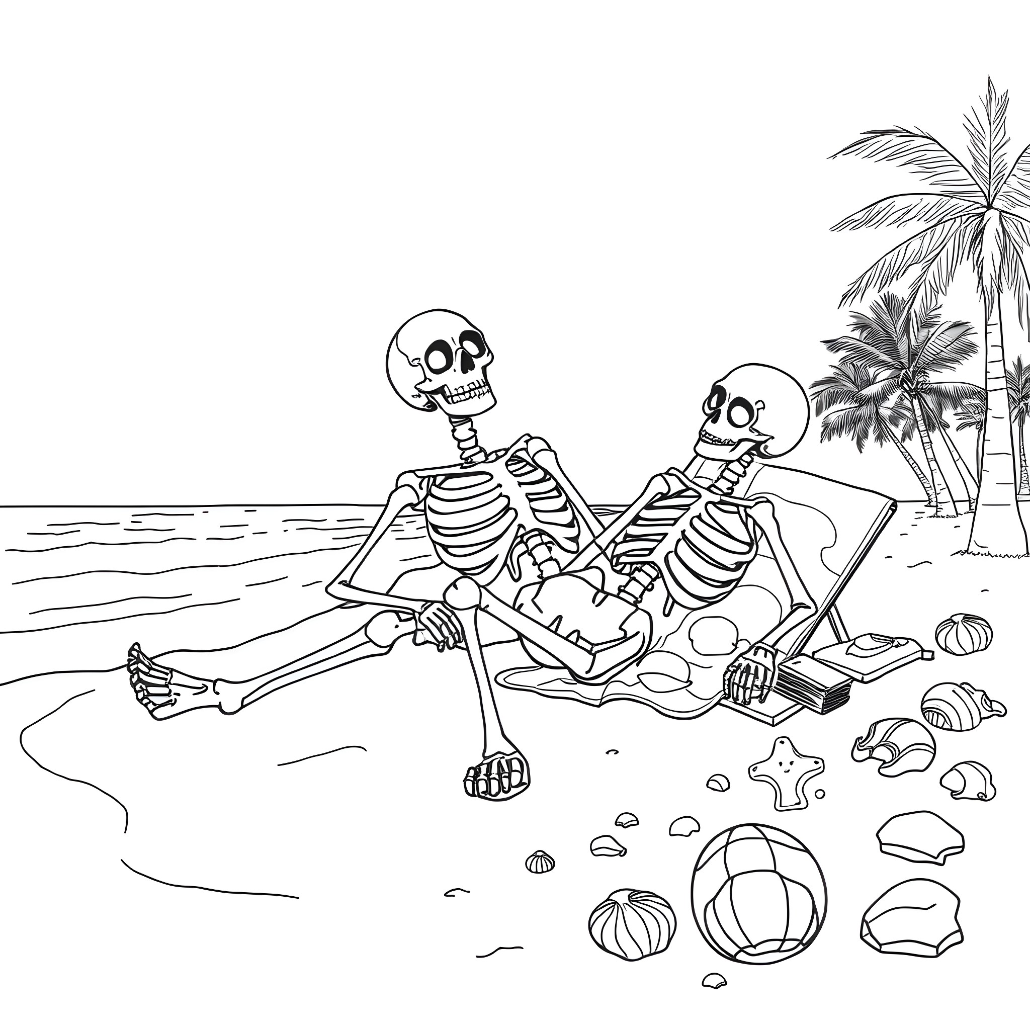 Skeleton beachgoers relaxing on the shore Coloring Page (free black-and-white line drawing printable PDF for all, from beginners to advanced learners, including children, teens, adults, and seniors)