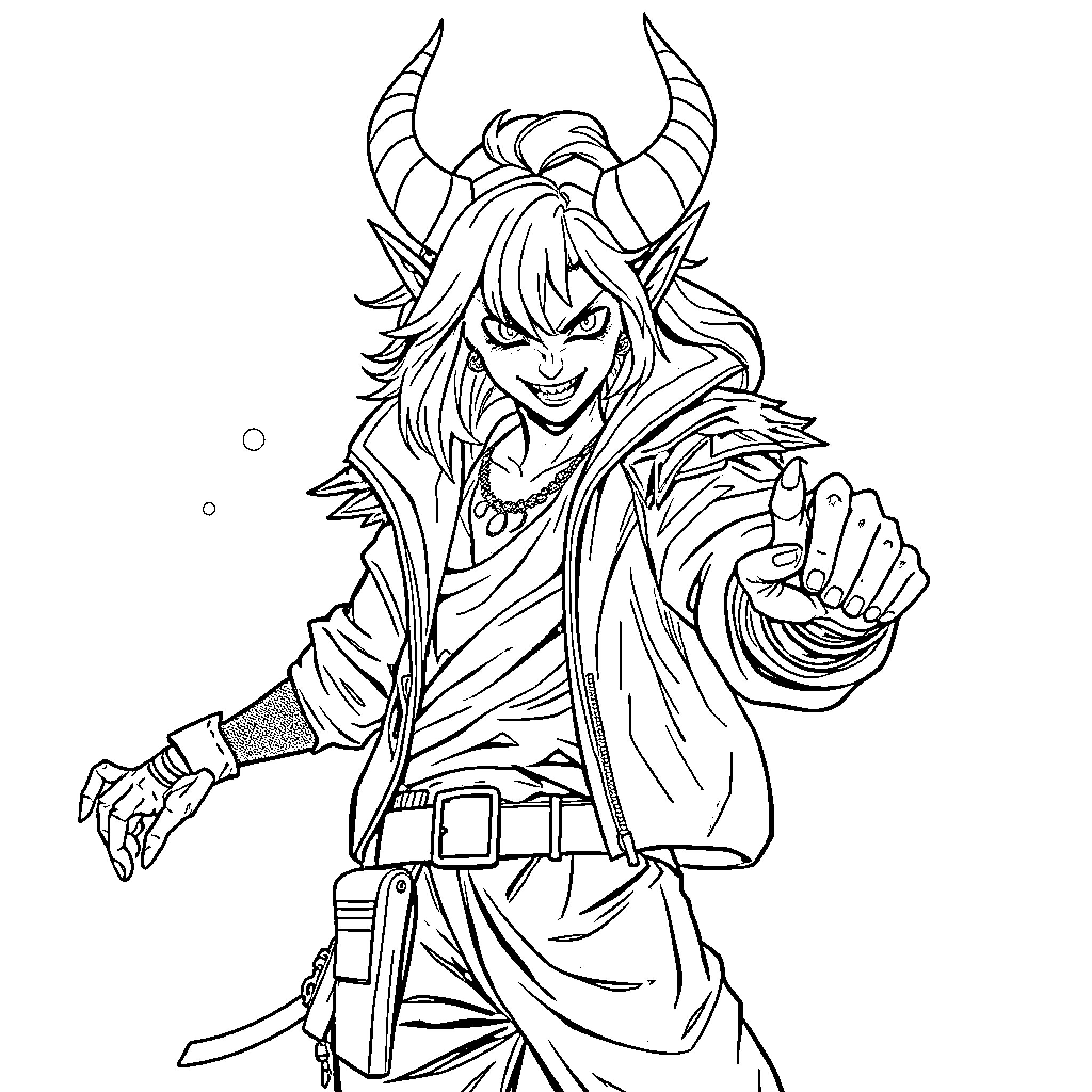 Demon Warrior's Fierce Gaze and Menacing Stance Coloring Page (free black-and-white line drawing printable PDF for all, from beginners to advanced learners, including children, teens, adults, and seniors)