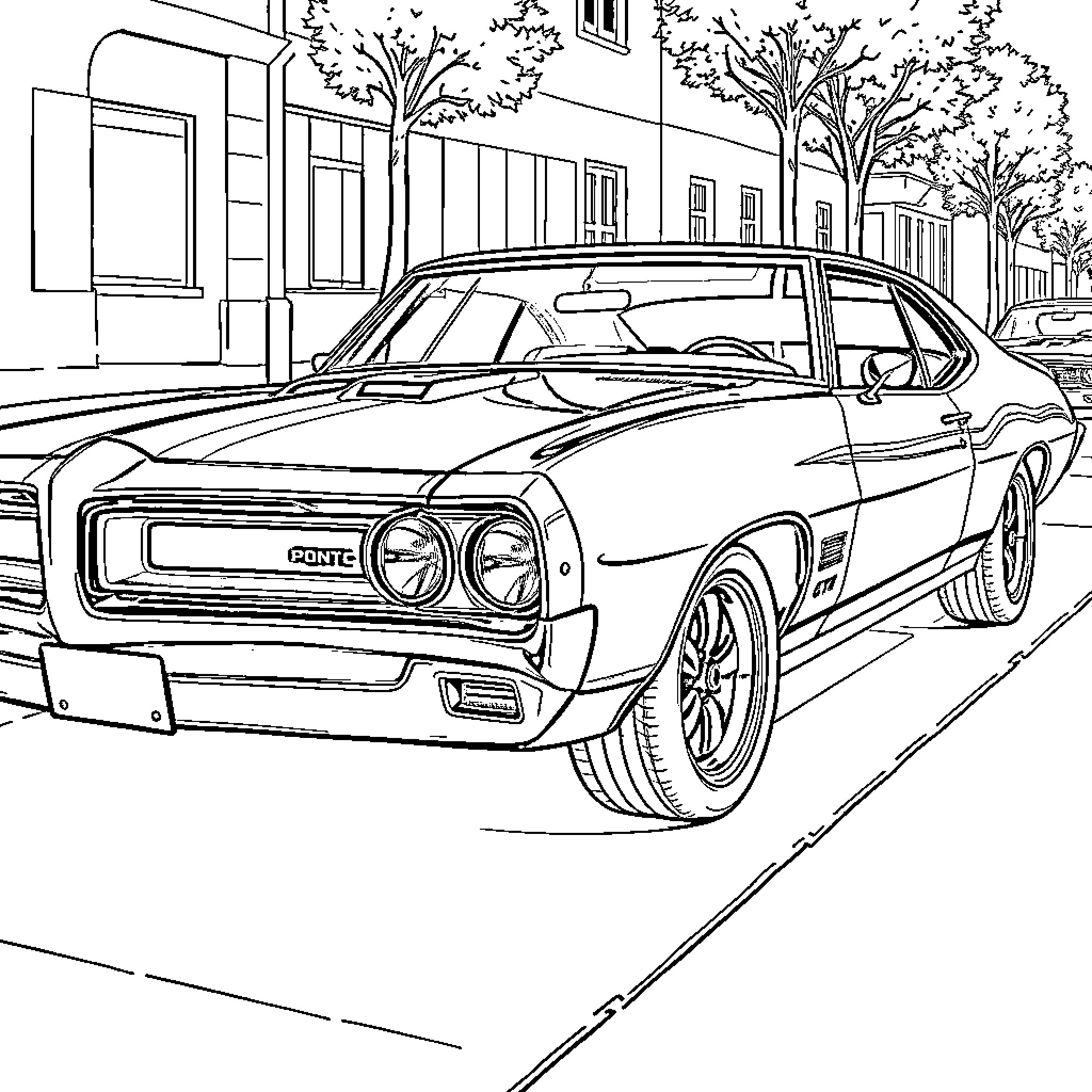 Pontiac GTO classic car on city street Coloring Page (free black-and-white line drawing printable PDF for all, from beginners to advanced learners, including children, teens, adults, and seniors)