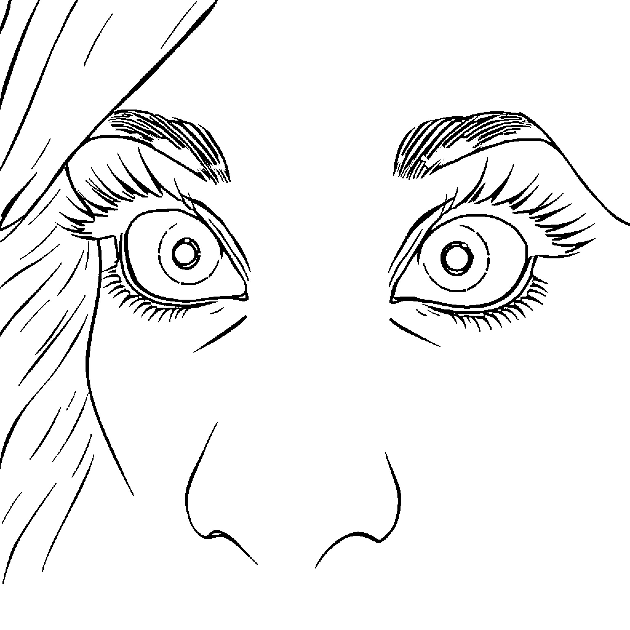 Eye-catching Gaze: An Intense Expression Coloring Page (free black-and-white line drawing printable PDF for all, from beginners to advanced learners, including children, teens, adults, and seniors)