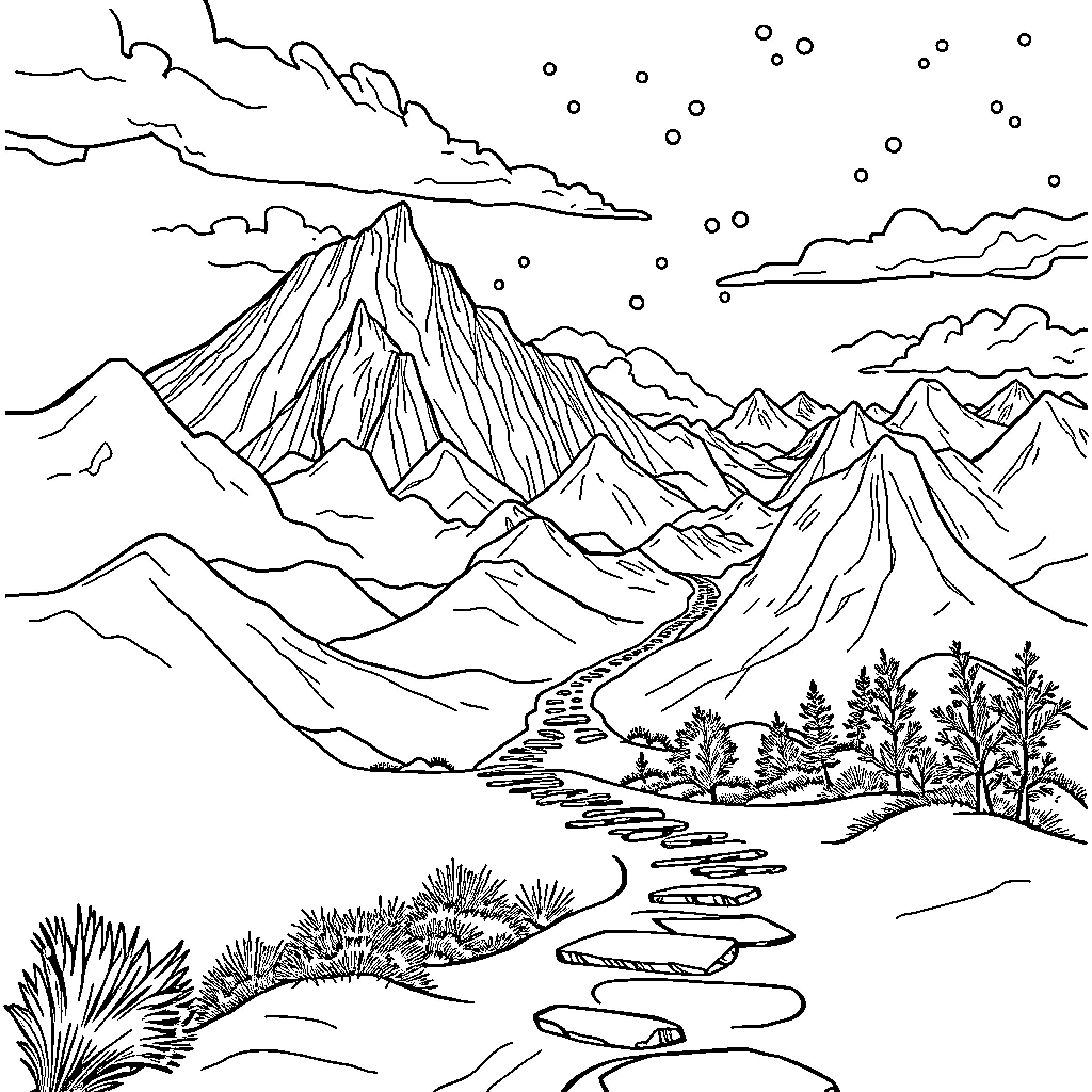 A to B through the Majestic Mountains Coloring Page (free black-and-white line drawing printable PDF for all, from beginners to advanced learners, including children, teens, adults, and seniors)