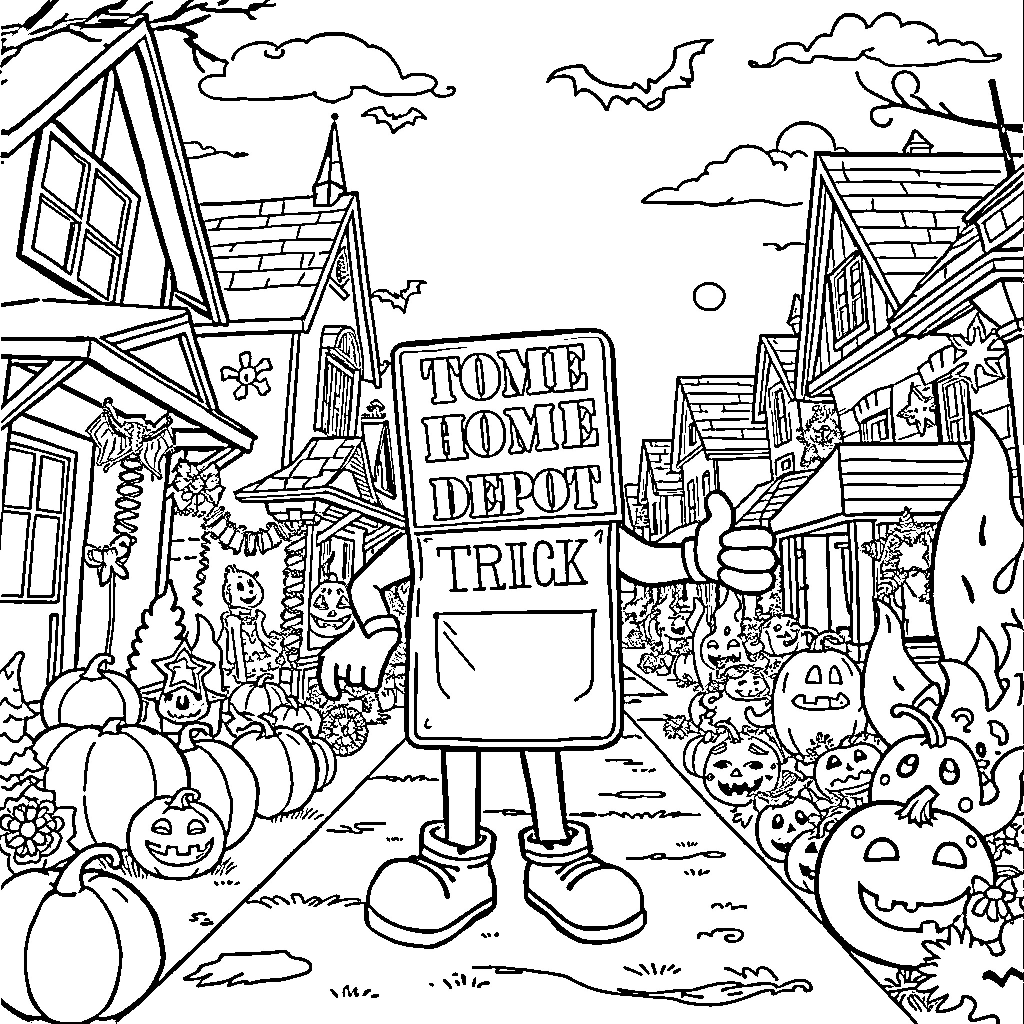 Home Depot Mascot Celebrates Halloween with Spooky Decorations and Trick-or-Treating Coloring Page (free black-and-white line drawing printable PDF for all, from beginners to advanced learners, including children, teens, adults, and seniors)