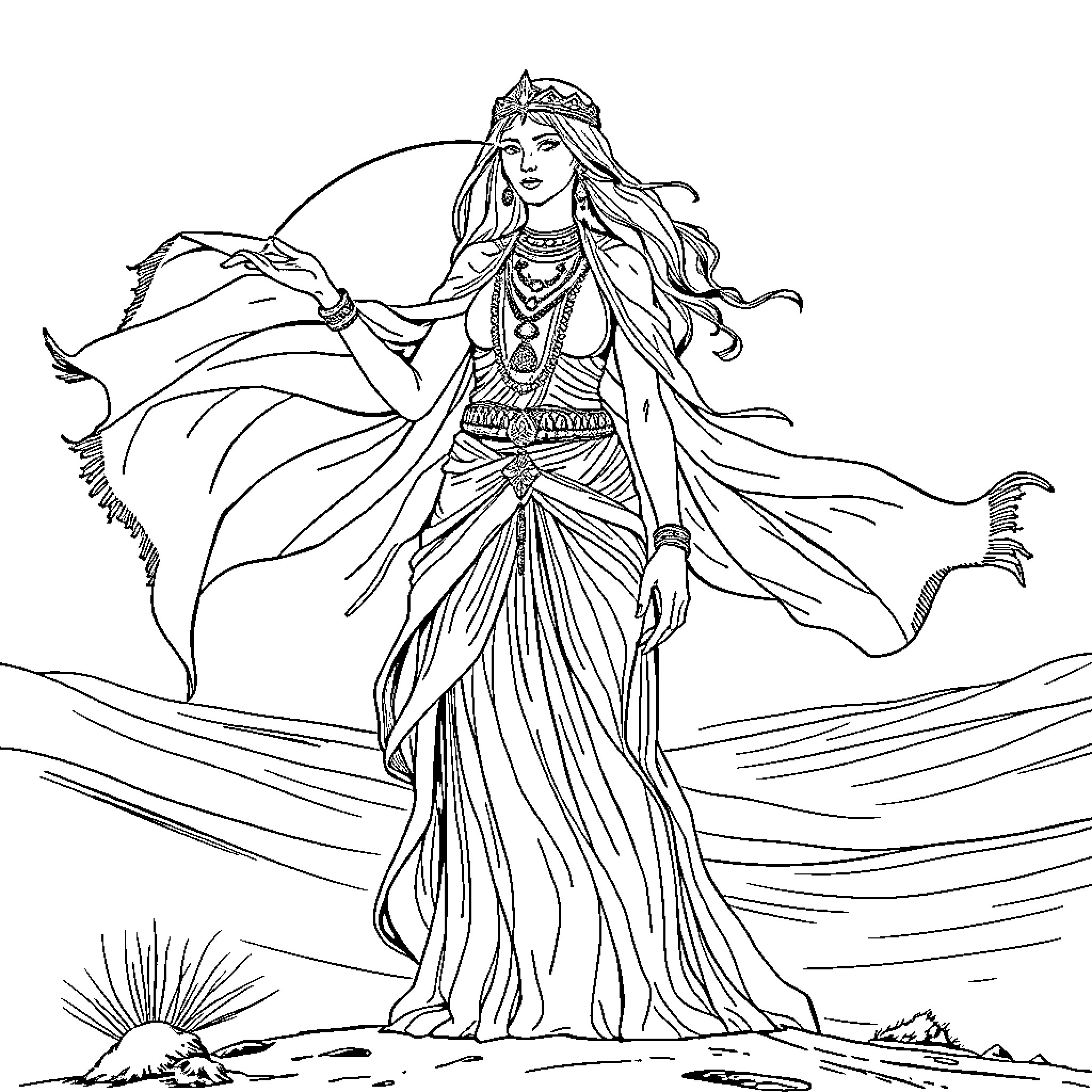 Nomad goddess dancing in the desert landscape Coloring Page (free black-and-white line drawing printable PDF for all, from beginners to advanced learners, including children, teens, adults, and seniors)