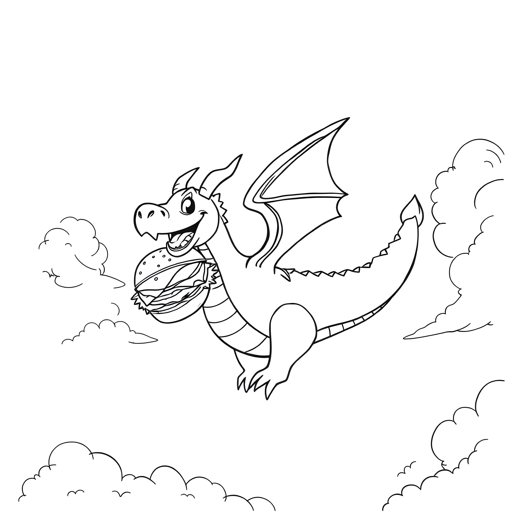 Dragon soaring through the cloudy sky Coloring Page (free black-and-white line drawing printable PDF for all, from beginners to advanced learners, including children, teens, adults, and seniors)
