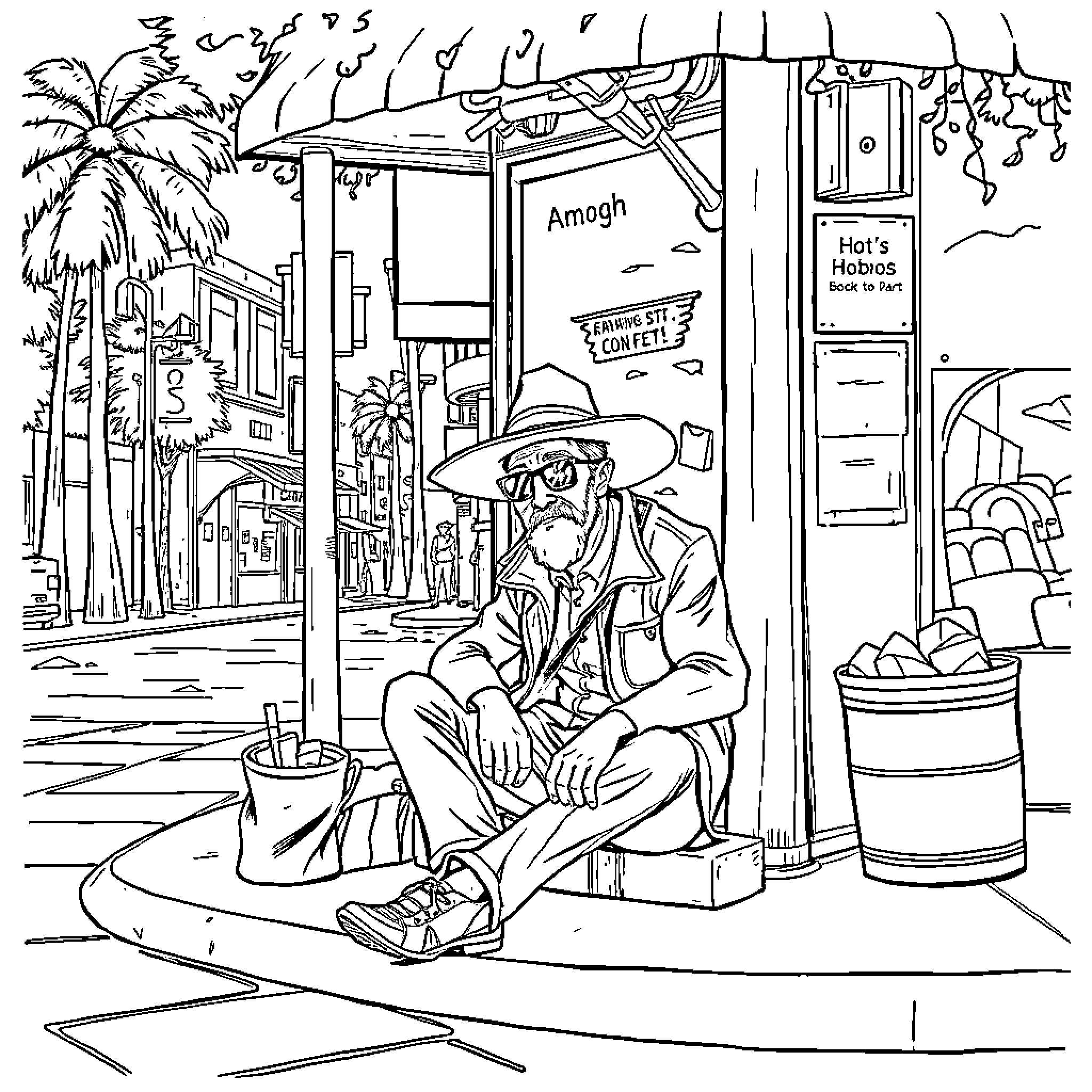 Hobo resting on the city streets Coloring Page (free black-and-white line drawing printable PDF for all, from beginners to advanced learners, including children, teens, adults, and seniors)