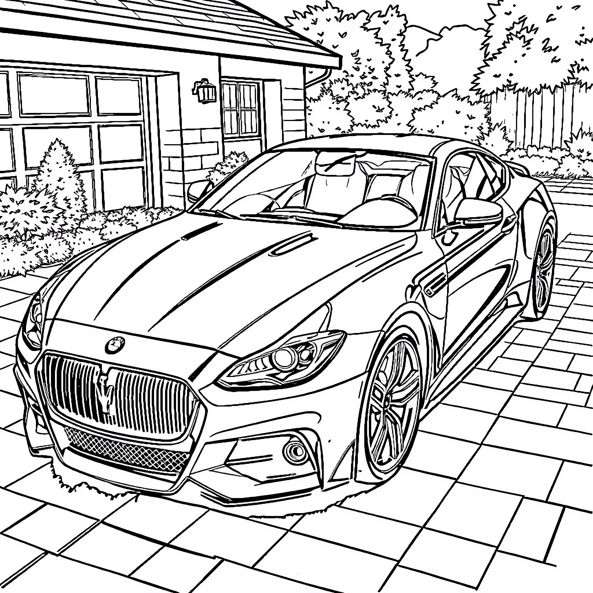 Car parked in front of house with trees Coloring Page (free black-and-white line drawing printable PDF for all, from beginners to advanced learners, including children, teens, adults, and seniors)