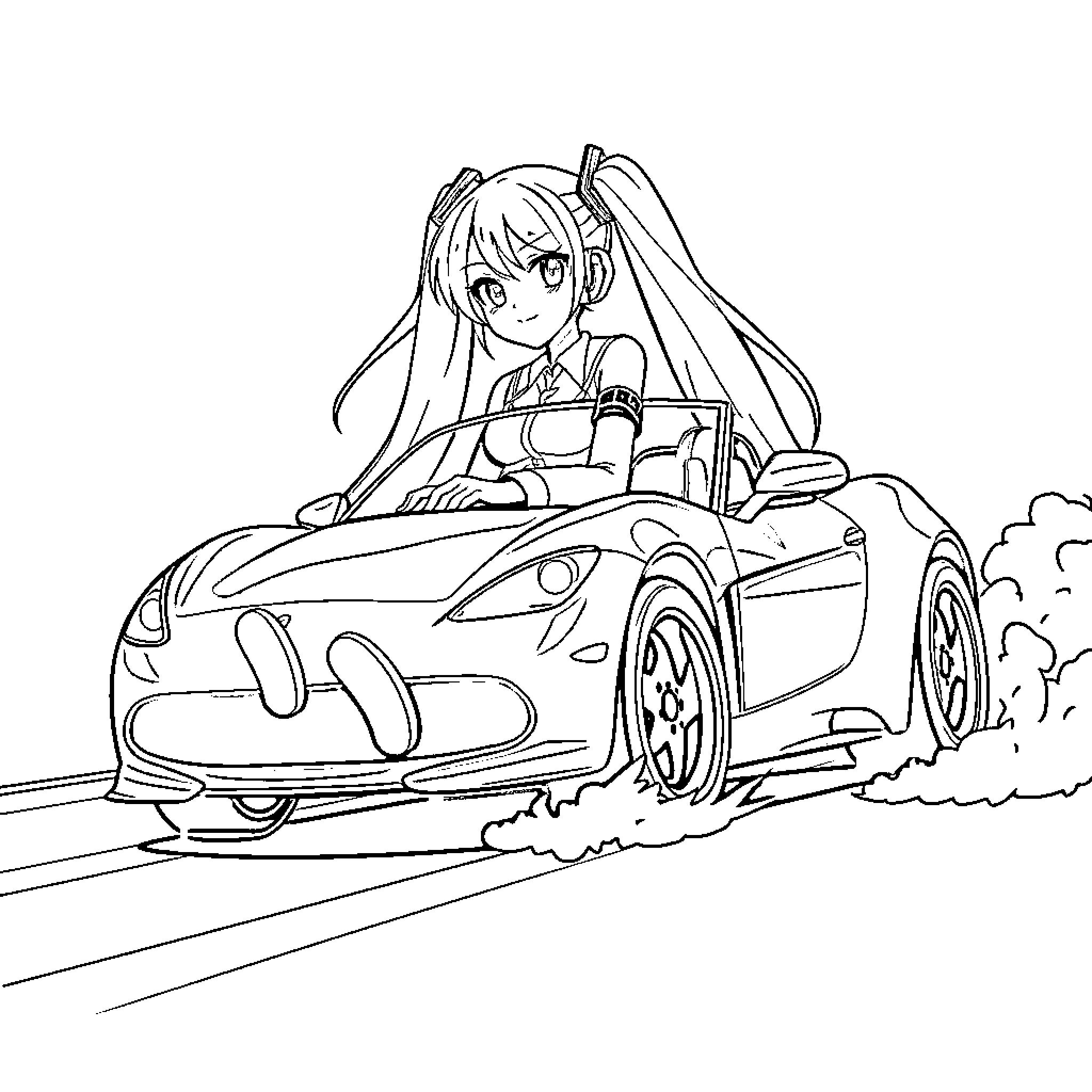 Hatsune Miku driving a sleek sports car Coloring Page (free black-and-white line drawing printable PDF for all, from beginners to advanced learners, including children, teens, adults, and seniors)