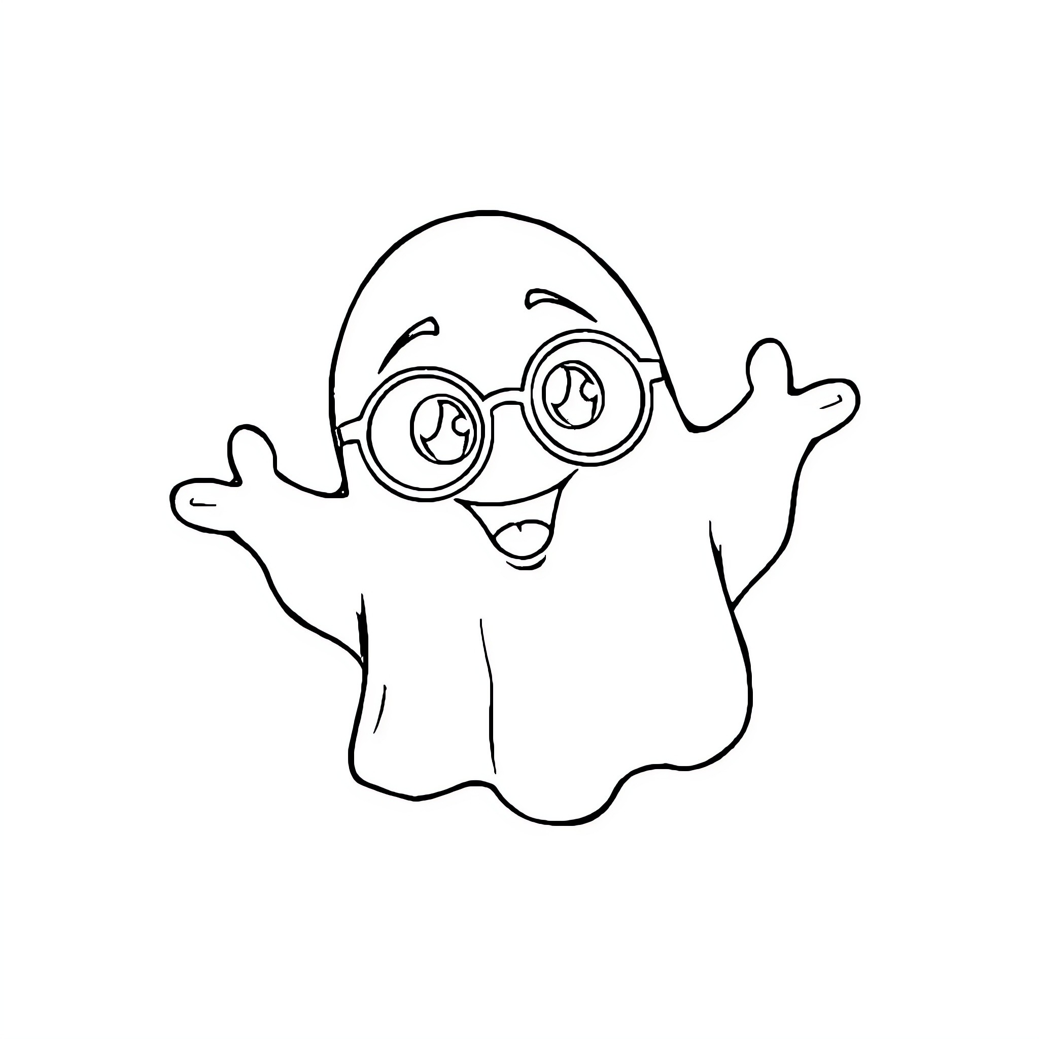 Ghost with Funny Glasses and Waving Excitedly Coloring Page (free black-and-white line drawing printable PDF for all, from beginners to advanced learners, including children, teens, adults, and seniors)