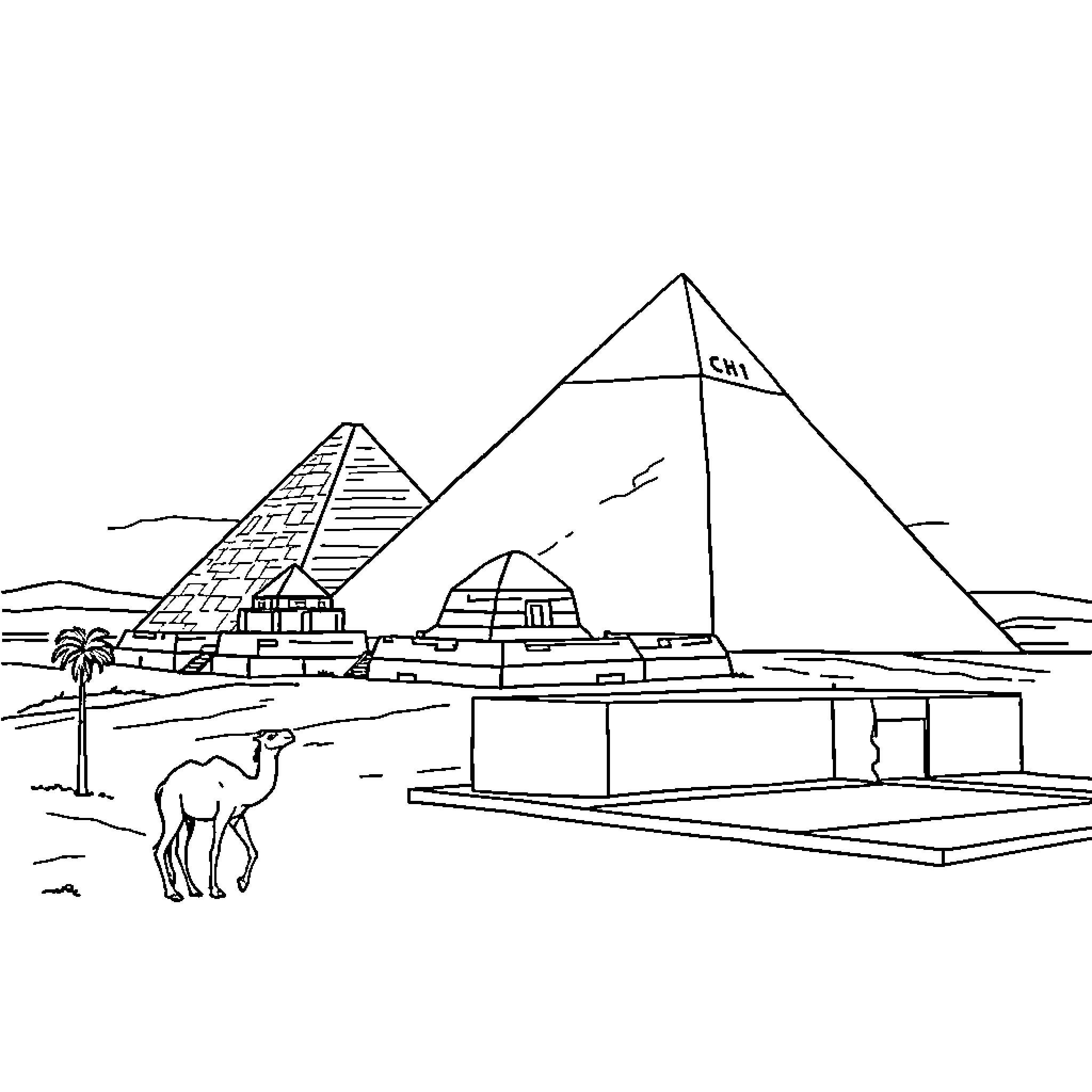 Pyramid structures with a camel in the foreground Coloring Page (free black-and-white line drawing printable PDF for all, from beginners to advanced learners, including children, teens, adults, and seniors)