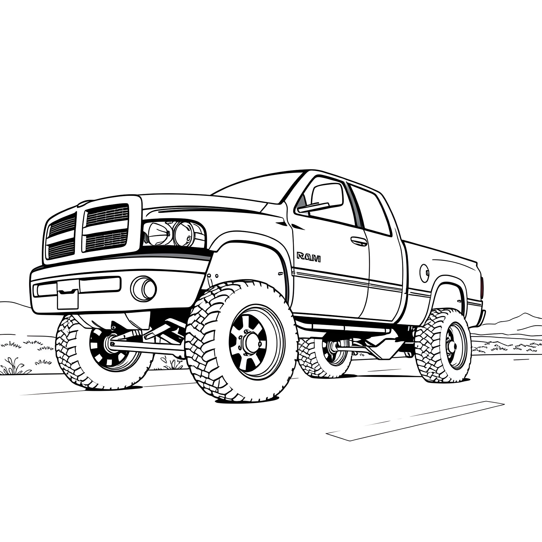 Ram Truck Ruggedly Navigating Off-Road Terrain Coloring Page (free black-and-white line drawing printable PDF for all, from beginners to advanced learners, including children, teens, adults, and seniors)
