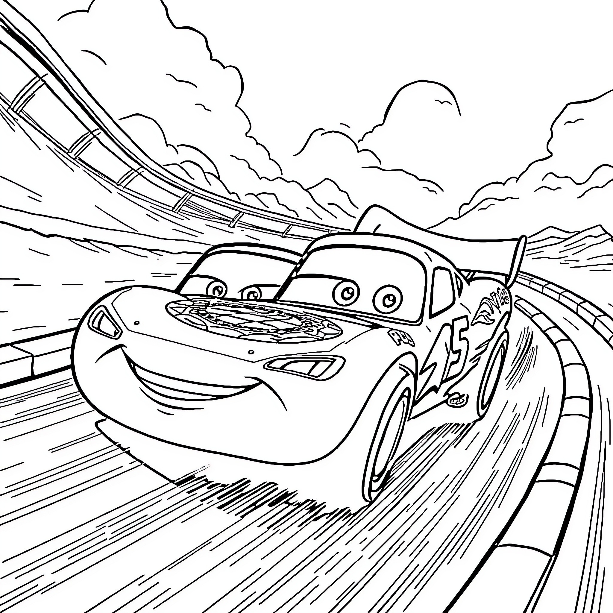 Lightning McQueen speeding through a winding road Coloring Page (free black-and-white line drawing printable PDF for all, from beginners to advanced learners, including children, teens, adults, and seniors)