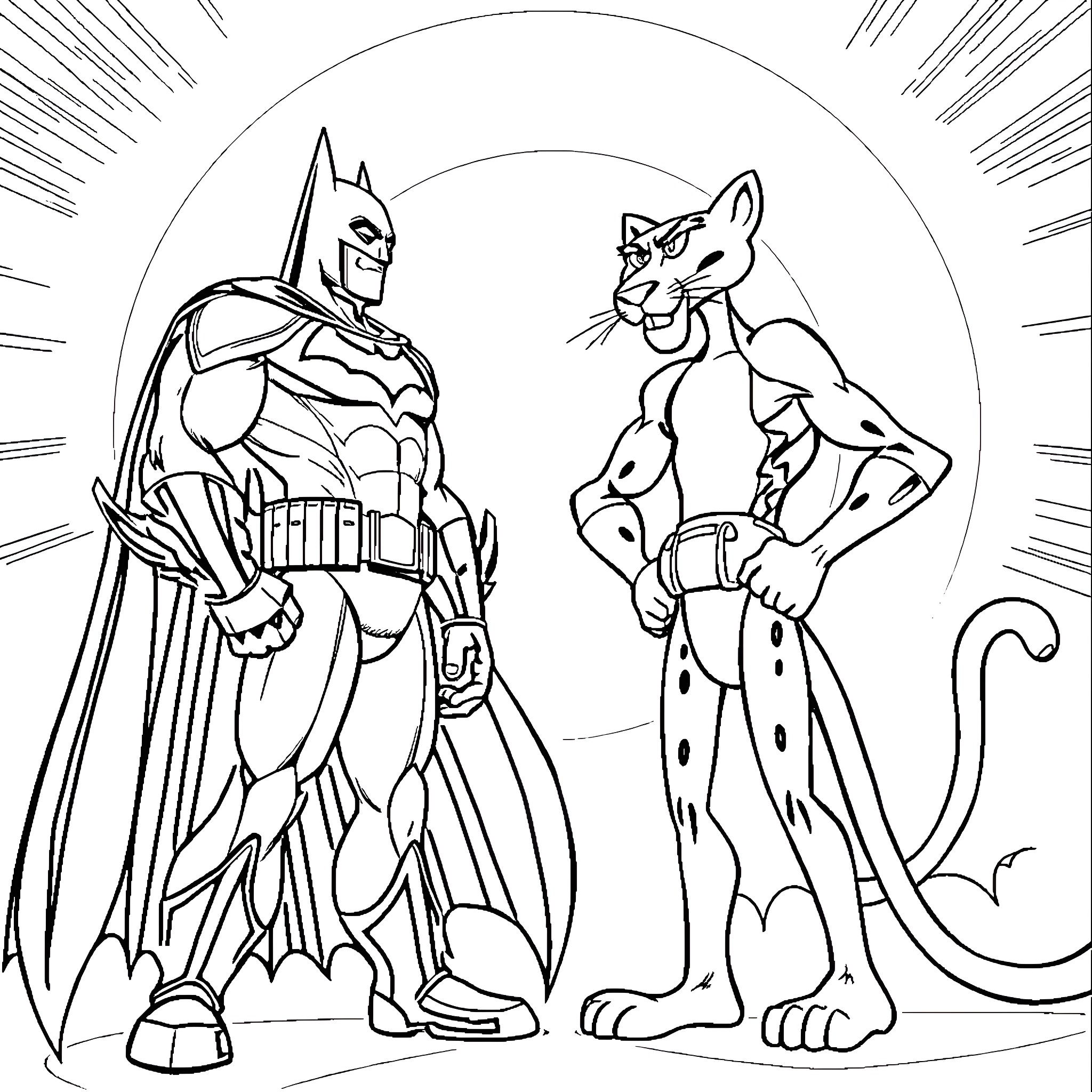 Batman facing off with a cunning feline villain Coloring Page (free black-and-white line drawing printable PDF for all, from beginners to advanced learners, including children, teens, adults, and seniors)