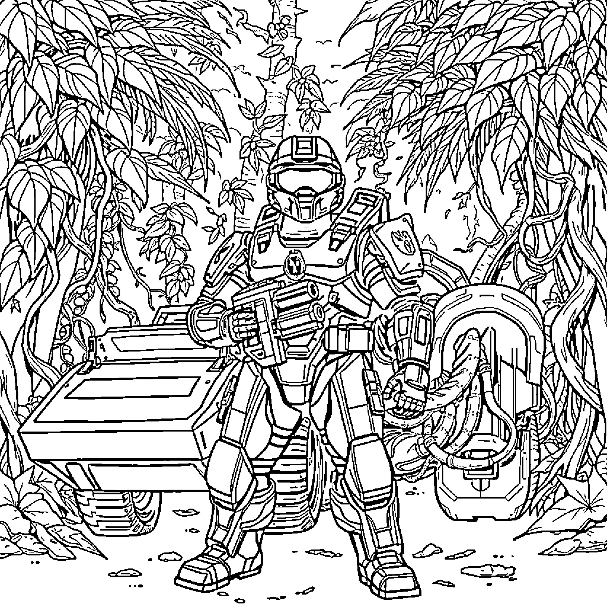 Master Chief in Action-Packed Futuristic Jungle Coloring Page (free black-and-white line drawing printable PDF for all, from beginners to advanced learners, including children, teens, adults, and seniors)