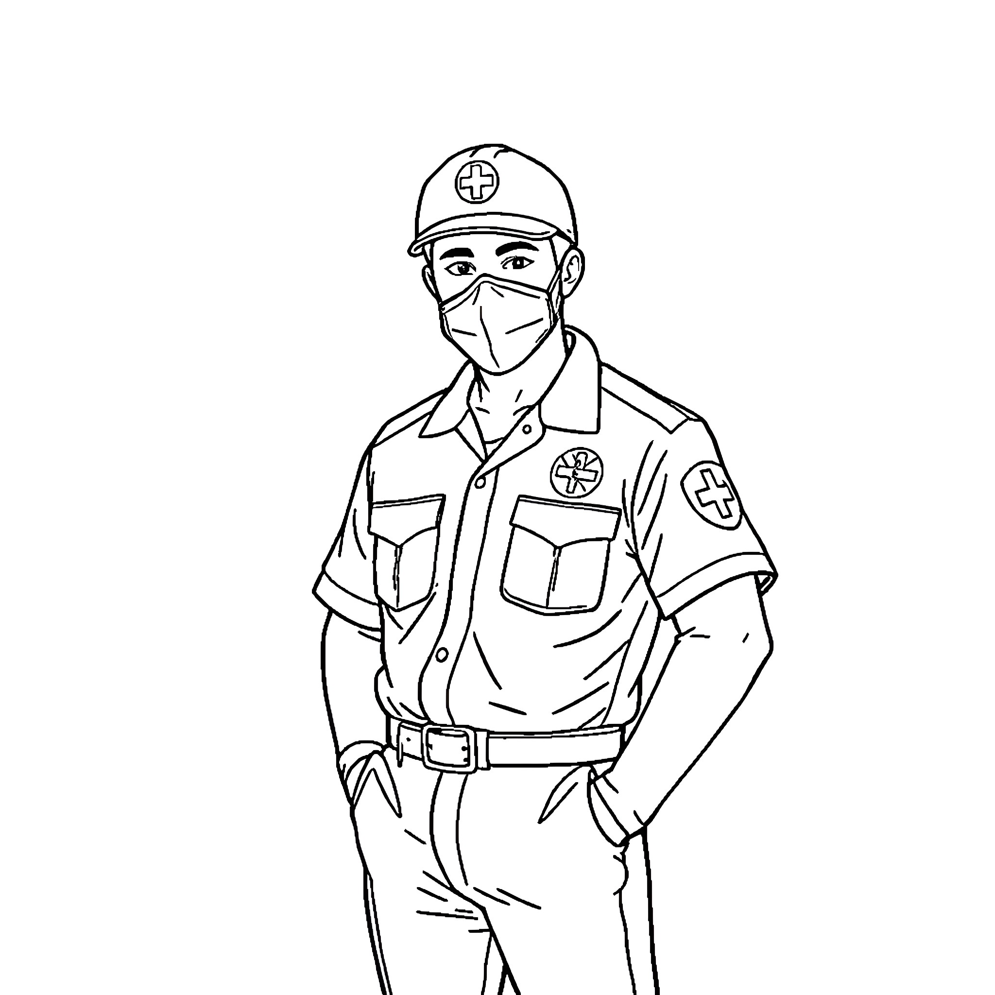 Emergency Technician Providing Medical Assistance Coloring Page (free black-and-white line drawing printable PDF for all, from beginners to advanced learners, including children, teens, adults, and seniors)