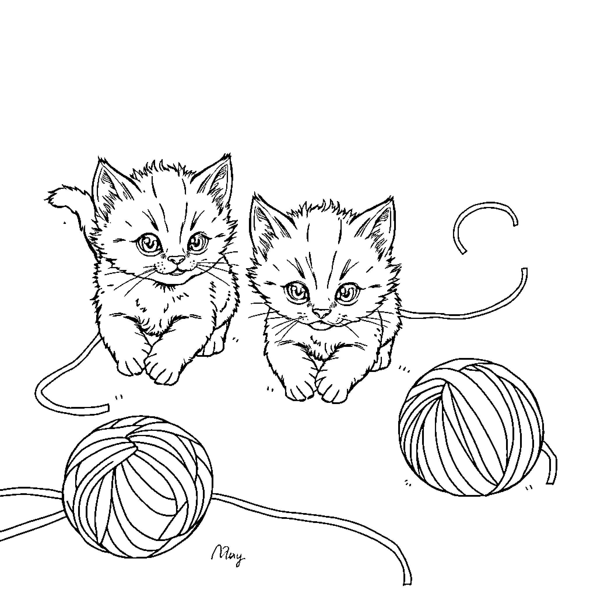 Kitten Playtime with Yarn Balls Coloring Page (free black-and-white line drawing printable PDF for all, from beginners to advanced learners, including children, teens, adults, and seniors)