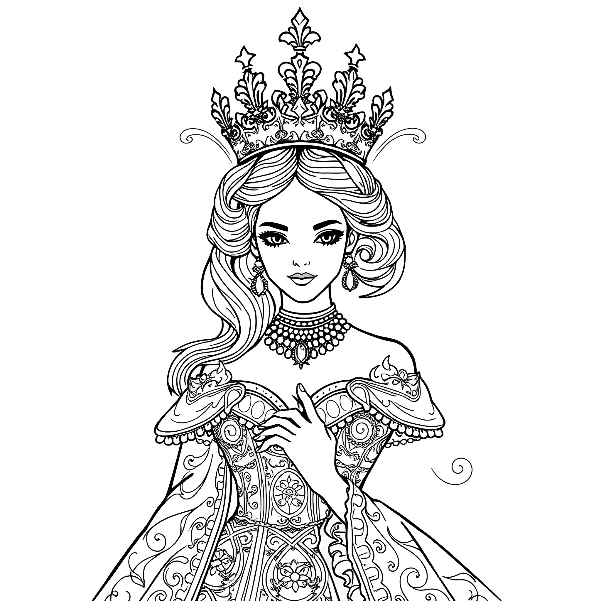 Queen in Elaborate Ornamental Dress and Crown Coloring Page (free black-and-white line drawing printable PDF for all, from beginners to advanced learners, including children, teens, adults, and seniors)