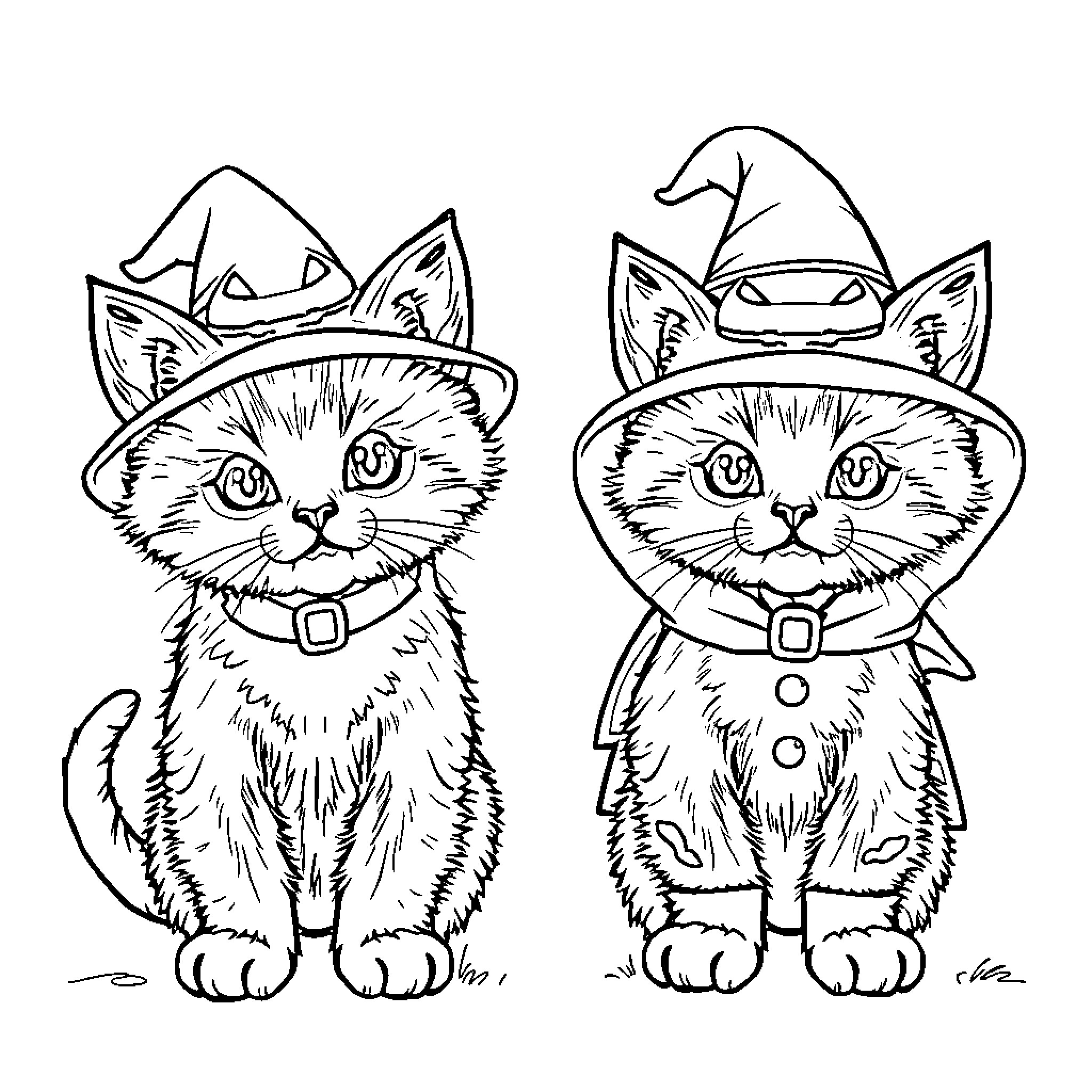 Kittens dressed up in festive hats Coloring Page (free black-and-white line drawing printable PDF for all, from beginners to advanced learners, including children, teens, adults, and seniors)