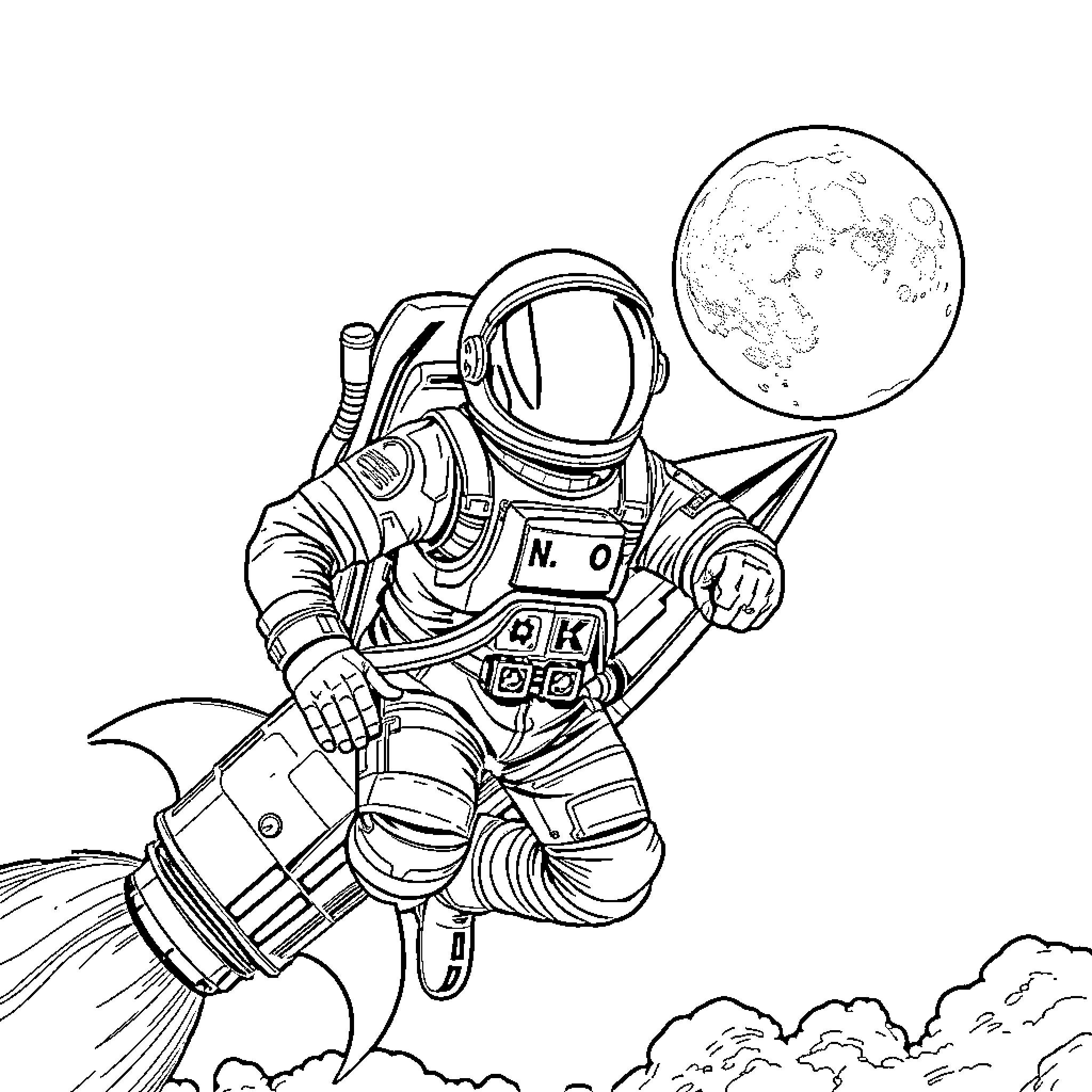 Astronaut on jetpack exploring the lunar surface Coloring Page (free black-and-white line drawing printable PDF for all, from beginners to advanced learners, including children, teens, adults, and seniors)