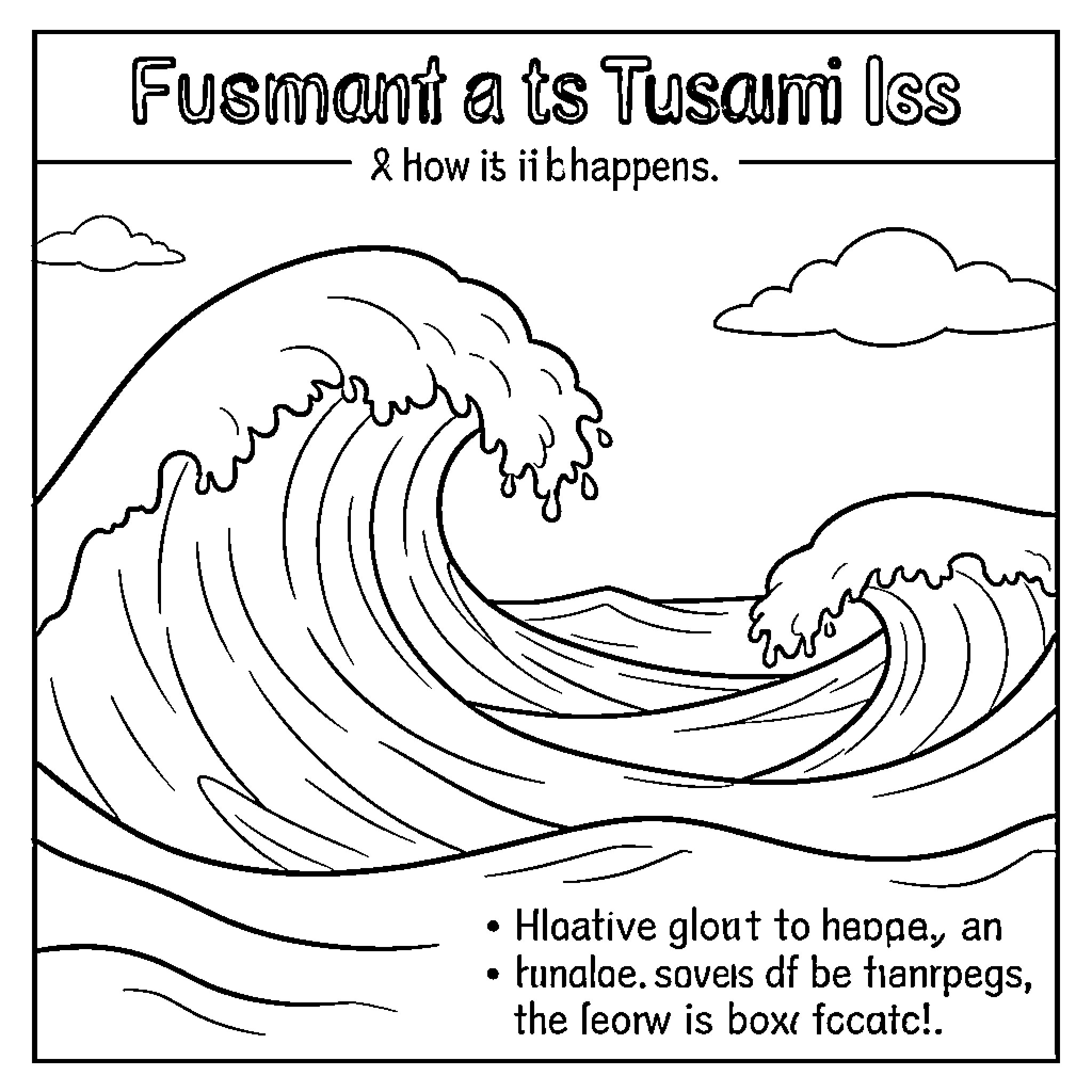 Tsunami educational illustration showing how it happens Coloring Page (free black-and-white line drawing printable PDF for all, from beginners to advanced learners, including children, teens, adults, and seniors)