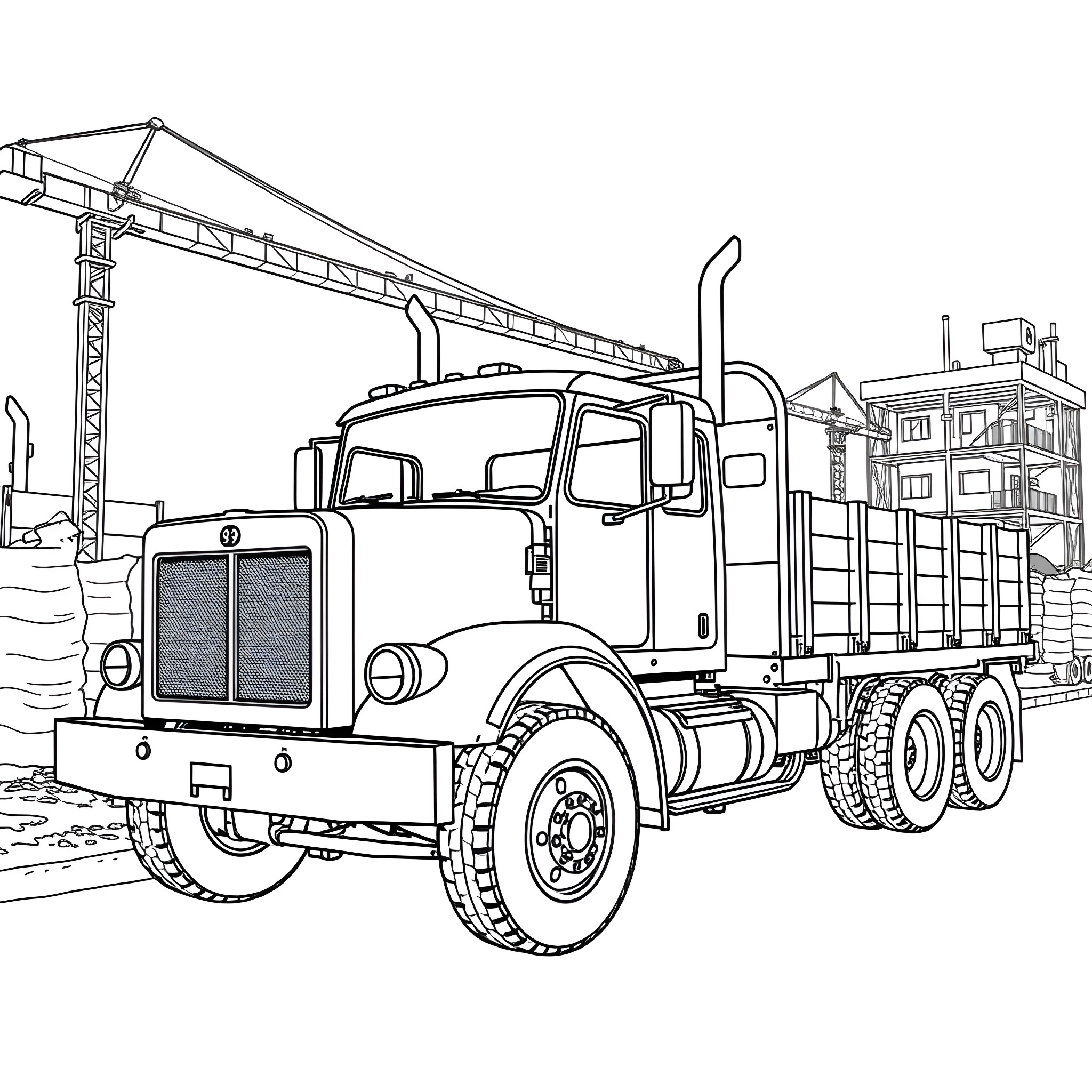 Flatbed truck delivering construction materials at site Coloring Page (free black-and-white line drawing printable PDF for all, from beginners to advanced learners, including children, teens, adults, and seniors)