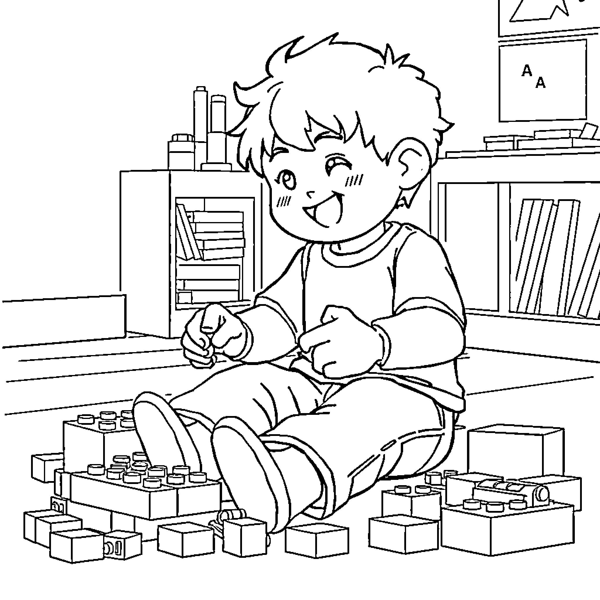 Tanjiro playing happily with toys in his room Coloring Page (free black-and-white line drawing printable PDF for all, from beginners to advanced learners, including children, teens, adults, and seniors)