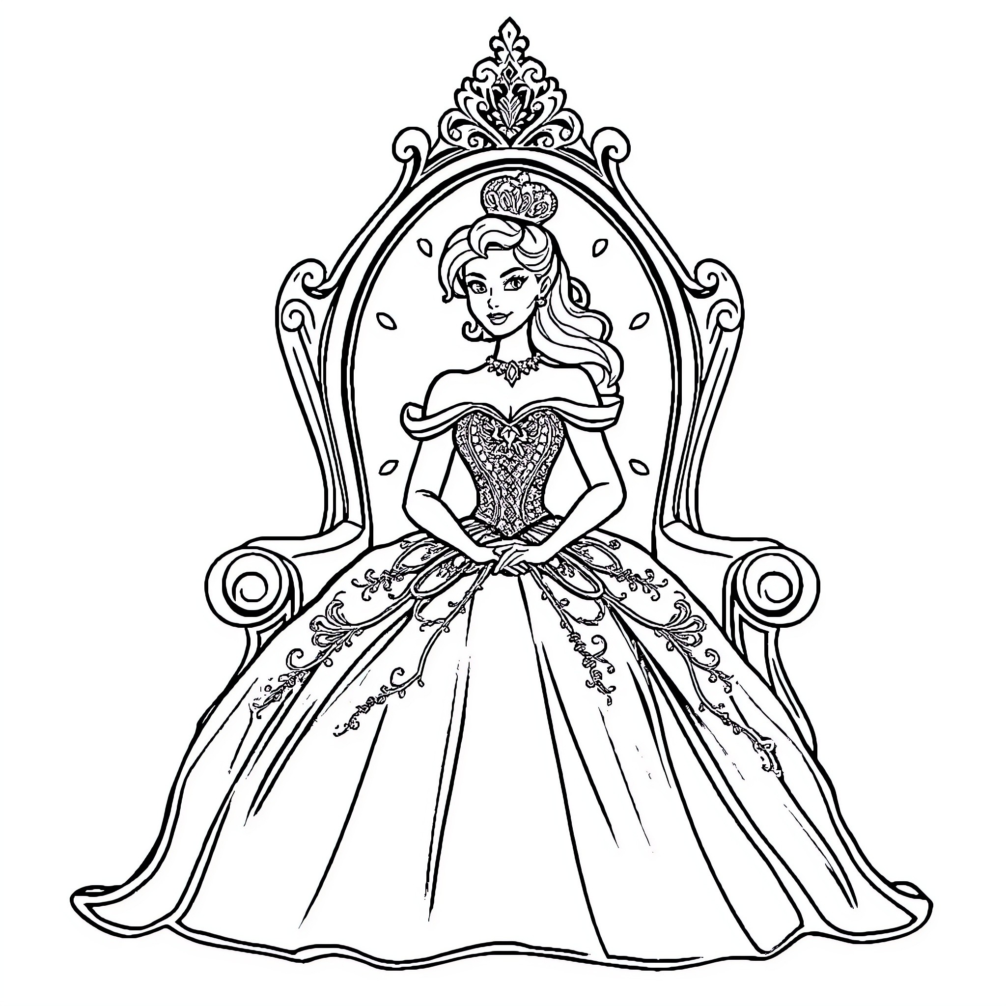 Princess in Ornate Ballgown Seated on Throne Coloring Page (free black-and-white line drawing printable PDF for all, from beginners to advanced learners, including children, teens, adults, and seniors)