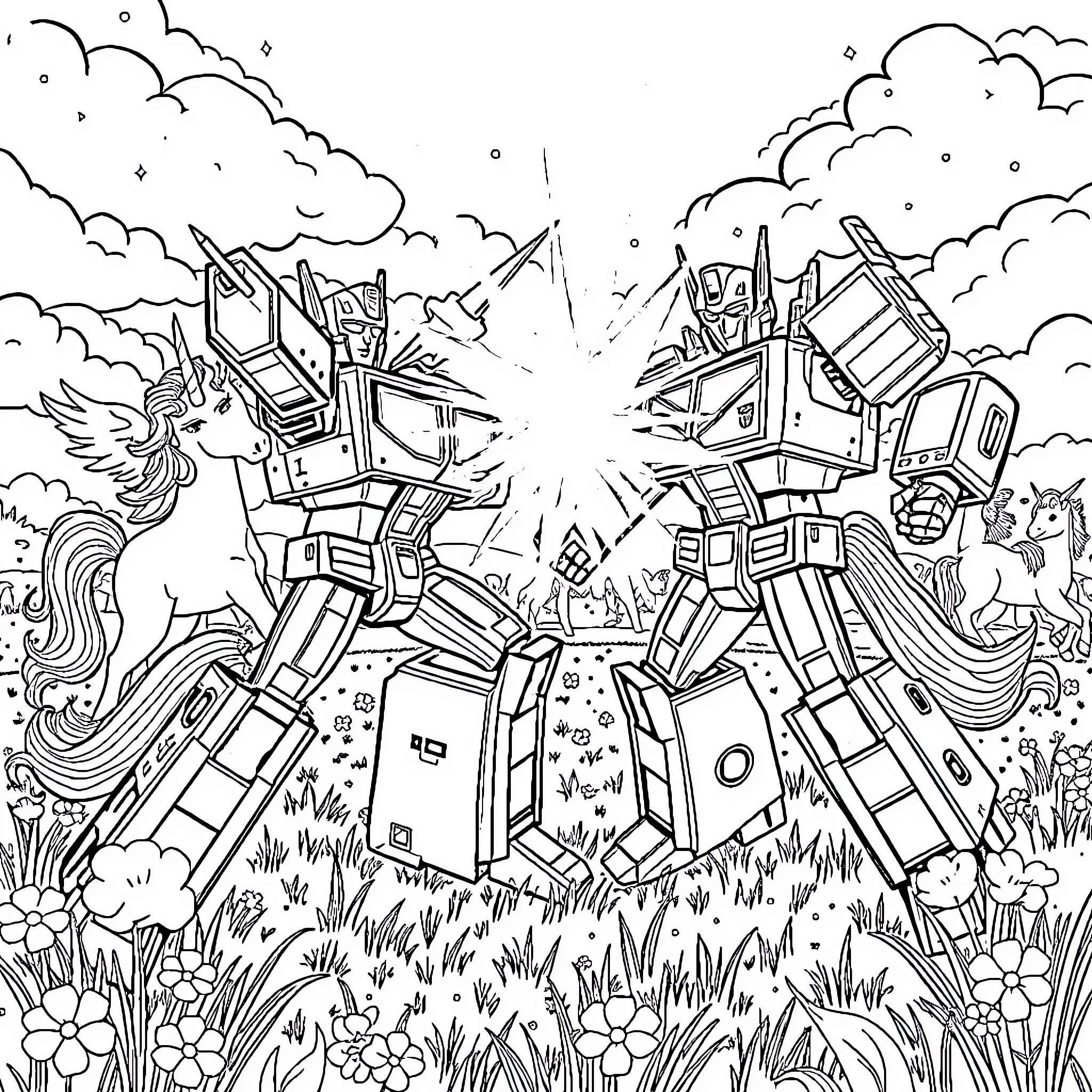 Transformer robots battling in a magical field Coloring Page (free black-and-white line drawing printable PDF for all, from beginners to advanced learners, including children, teens, adults, and seniors)