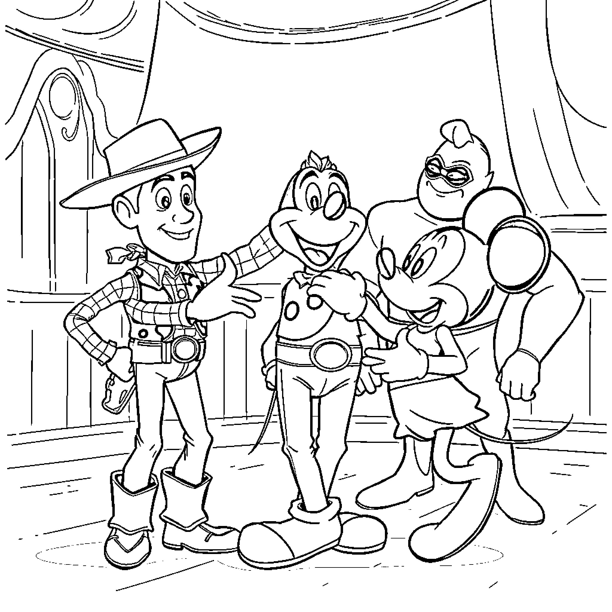 Woody and his friends in an animated scene Coloring Page (free black-and-white line drawing printable PDF for all, from beginners to advanced learners, including children, teens, adults, and seniors)