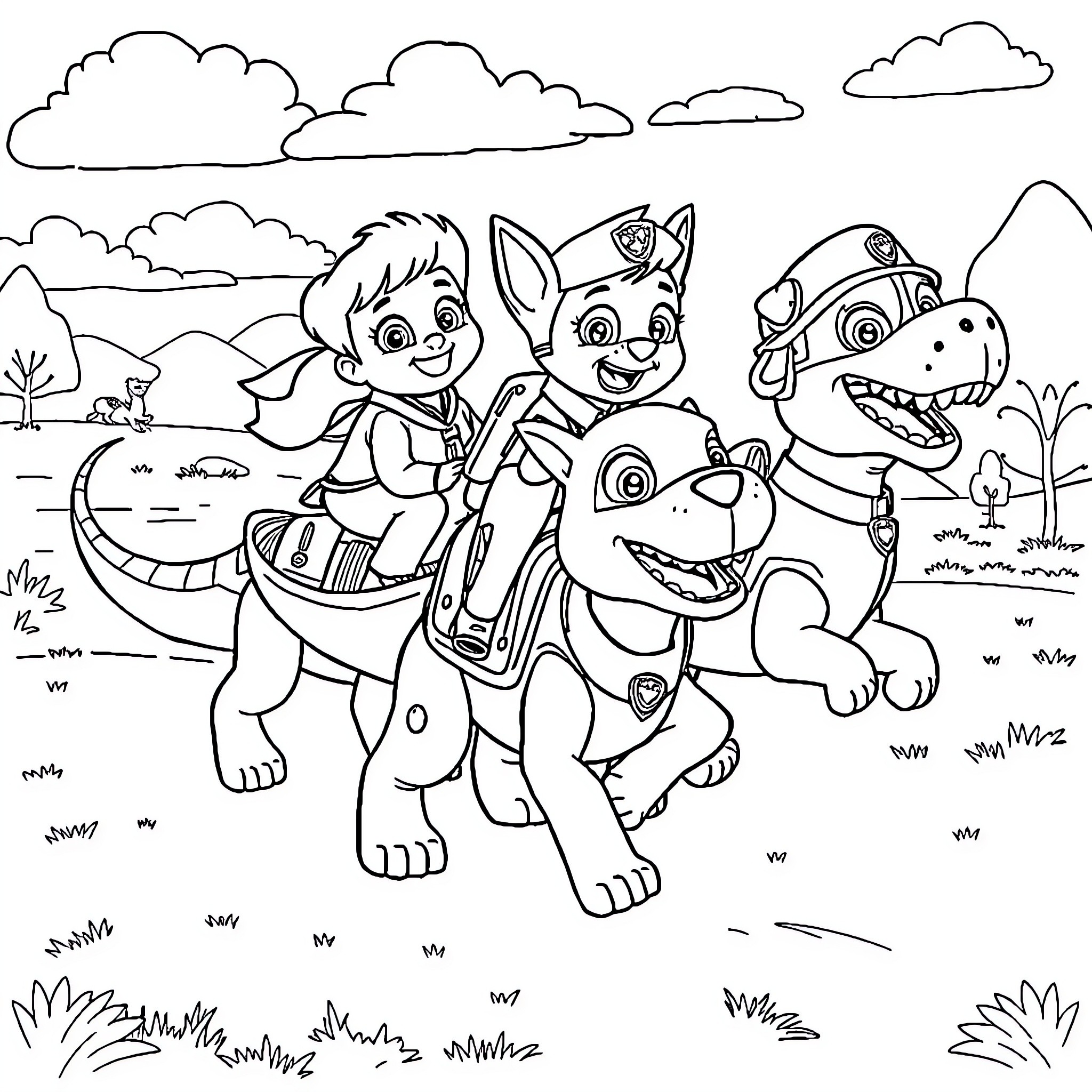 Paw Patrol characters on an adventure Coloring Page (free black-and-white line drawing printable PDF for all, from beginners to advanced learners, including children, teens, adults, and seniors)